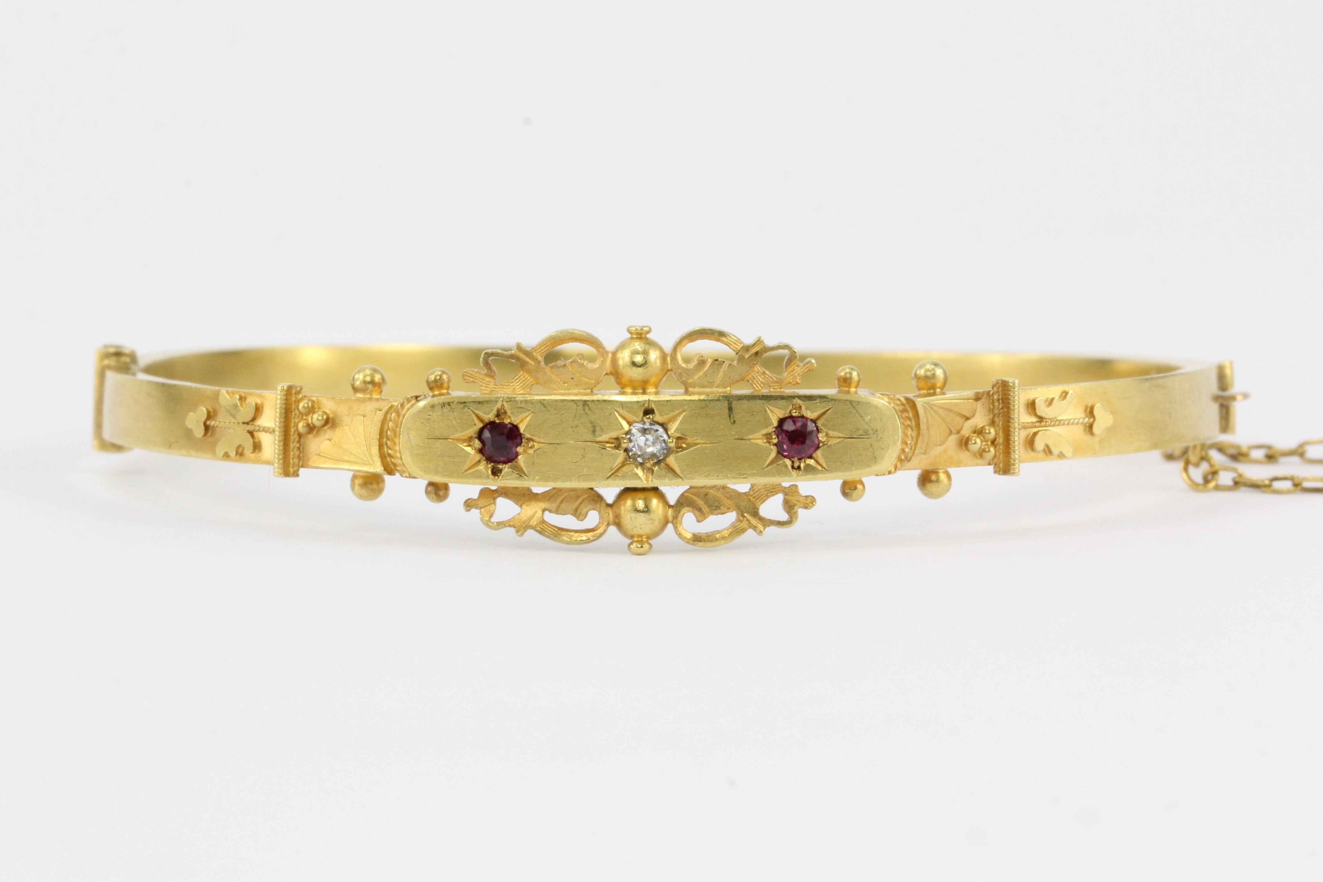 Victorian 15 CT Diamond and Ruby Starburst Bangle Bracelet c.1899 - Queen May