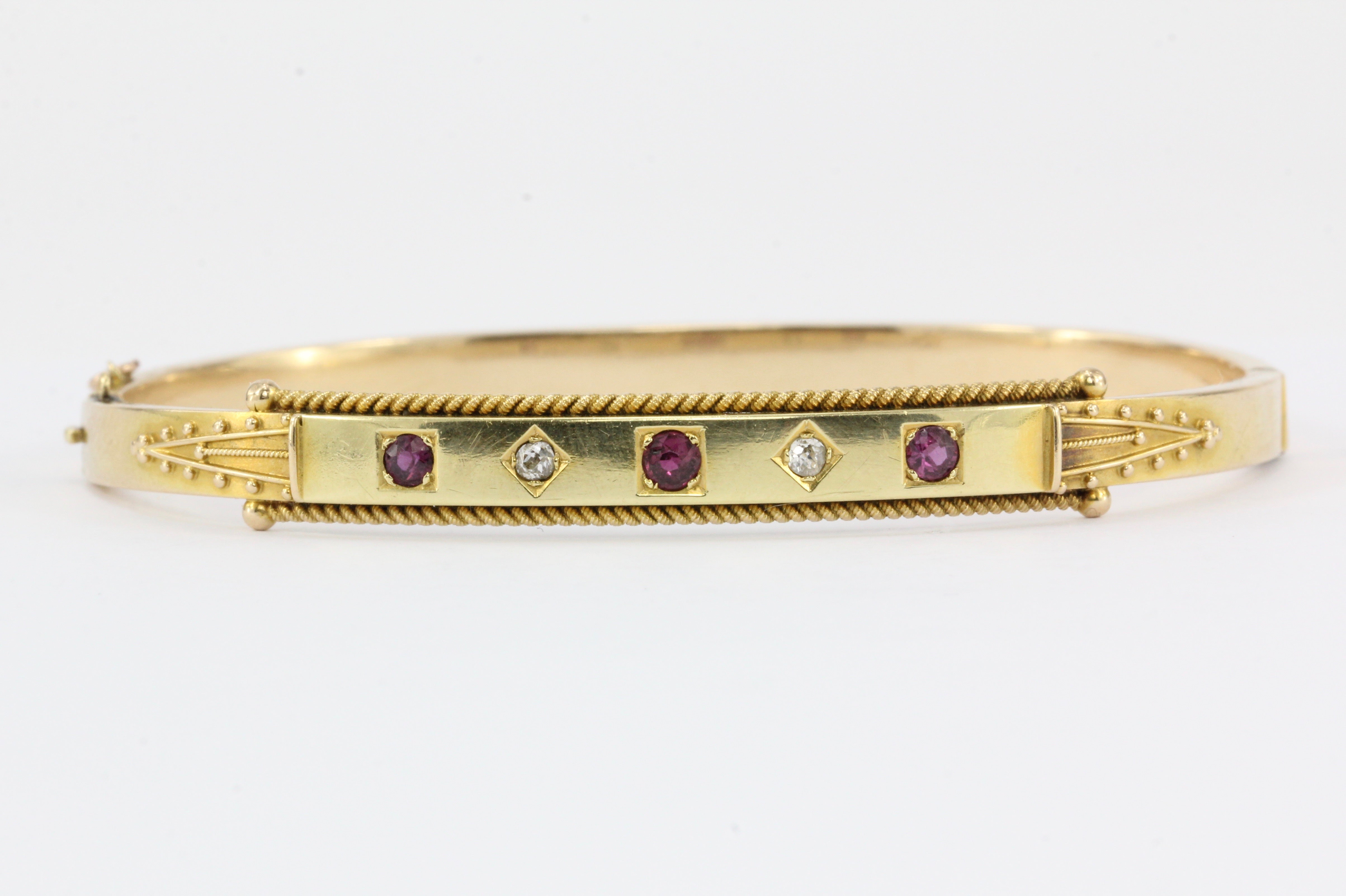 English 15ct Gold Victorian Ruby & Diamond Bangle Bracelet - Queen May