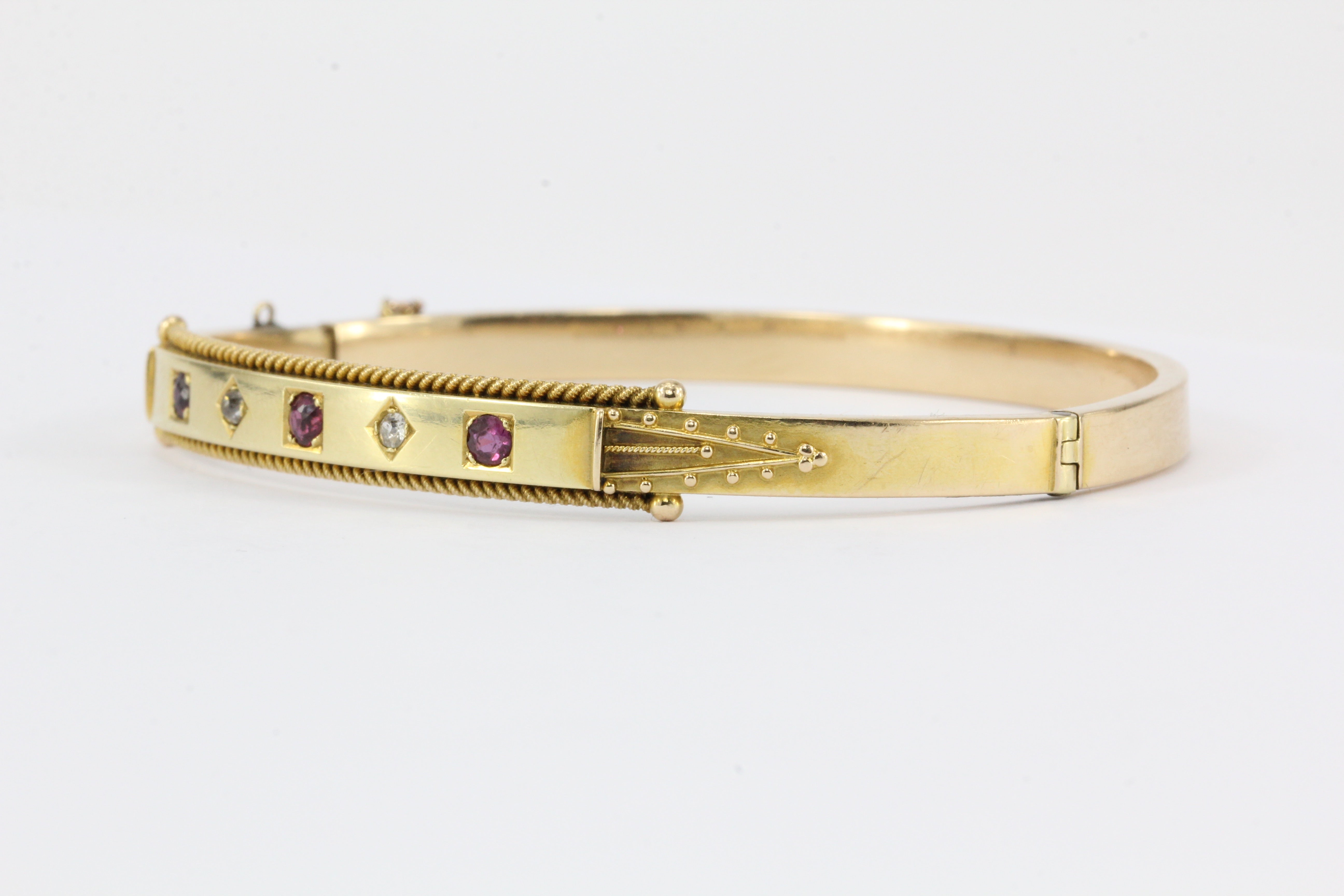 English 15ct Gold Victorian Ruby & Diamond Bangle Bracelet - Queen May