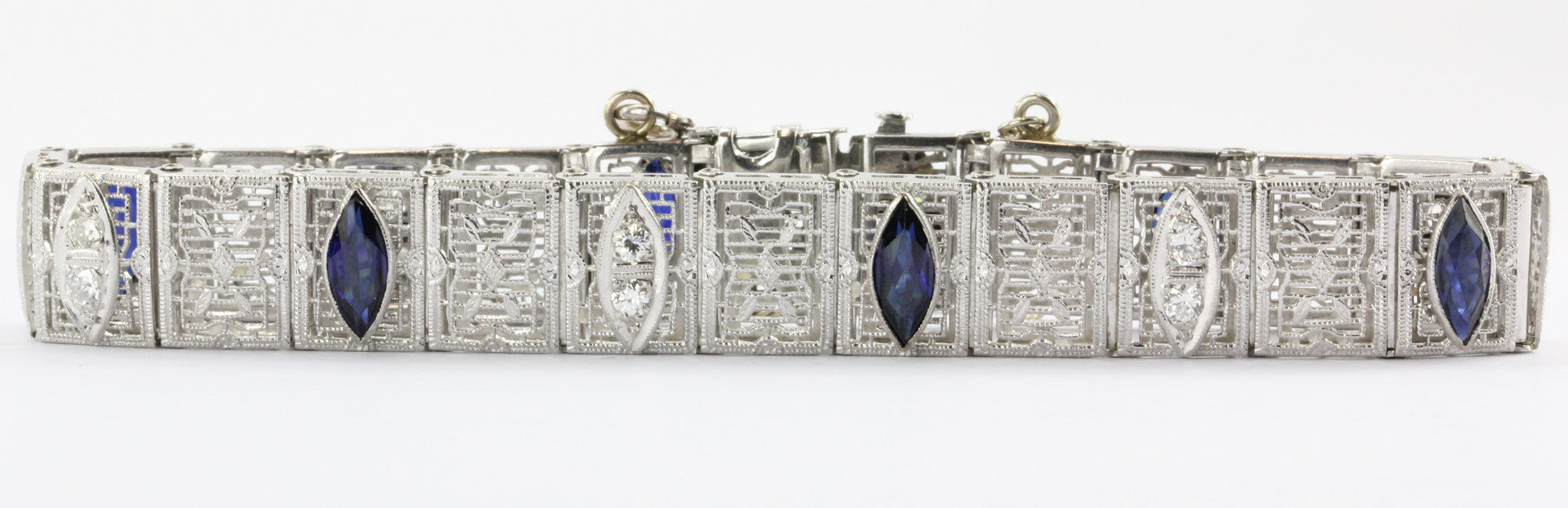 Antique Art Deco 14K White Gold Diamond & Sapphire Tennis Bracelet - Queen May