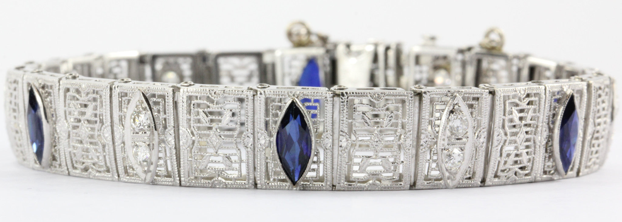 Antique Art Deco 14K White Gold Diamond & Sapphire Tennis Bracelet - Queen May