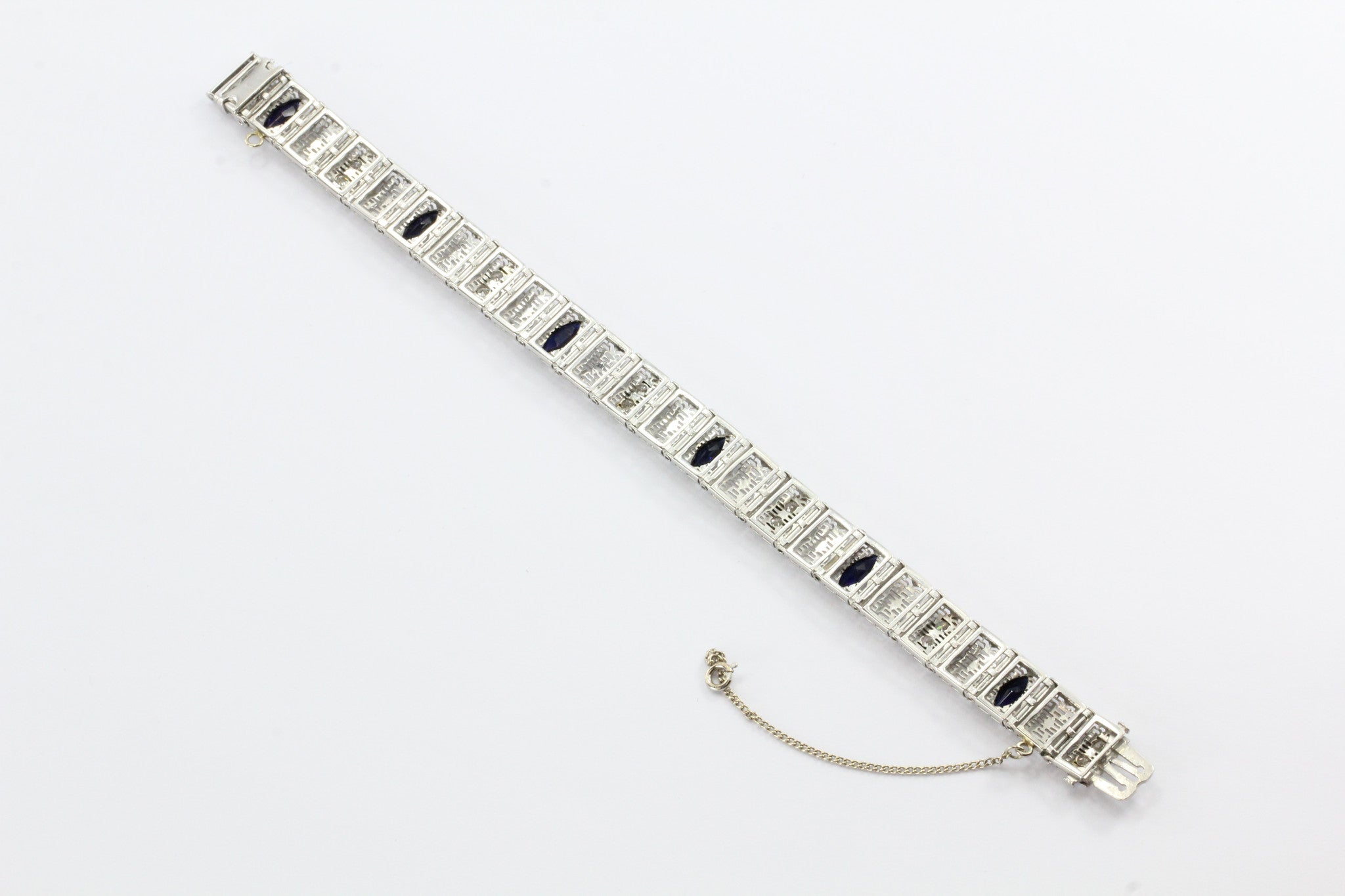 Antique Art Deco 14K White Gold Diamond & Sapphire Tennis Bracelet - Queen May