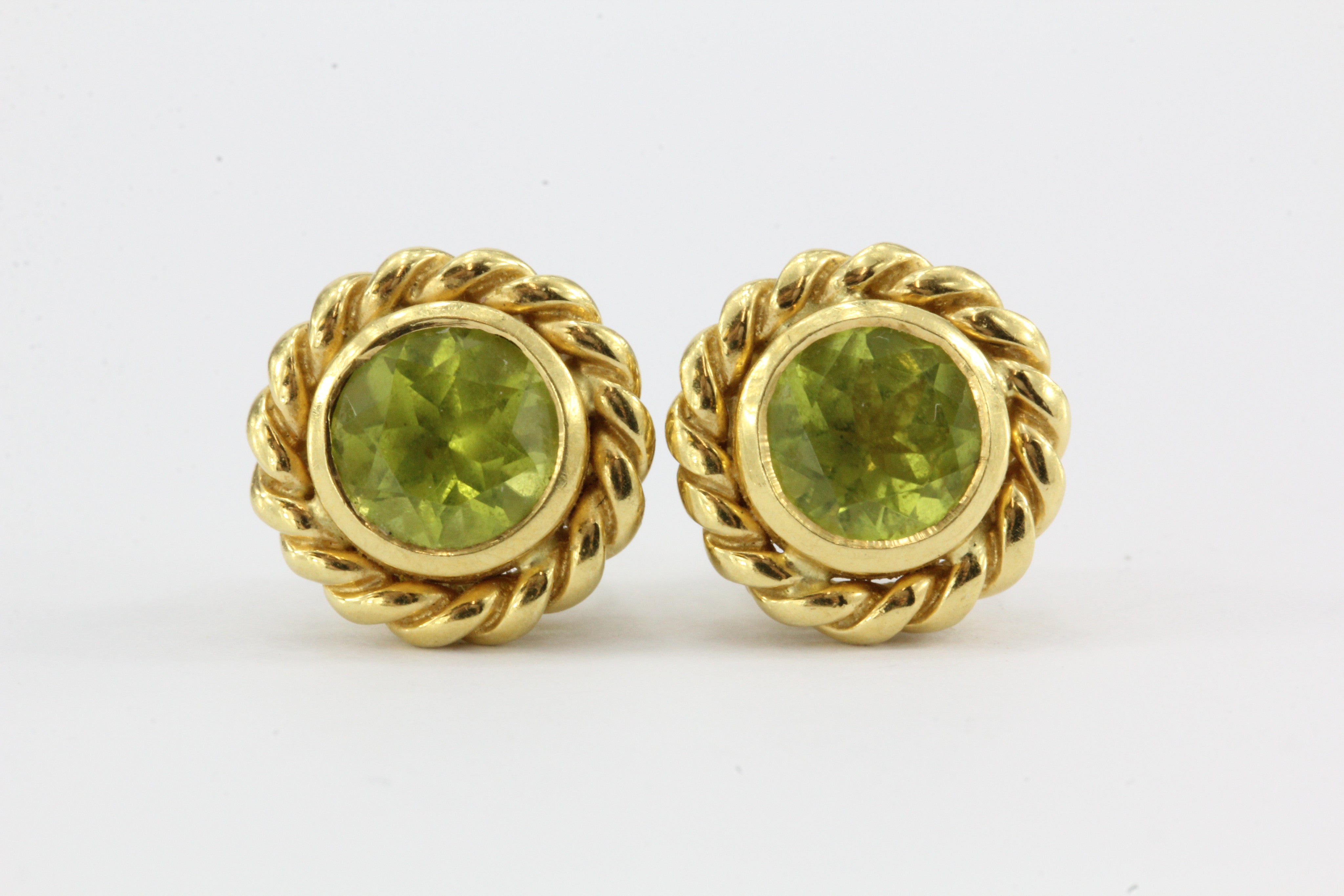 Tiffany & Co 18K Gold Peridot Rope Border Button Post Earrings - Queen May