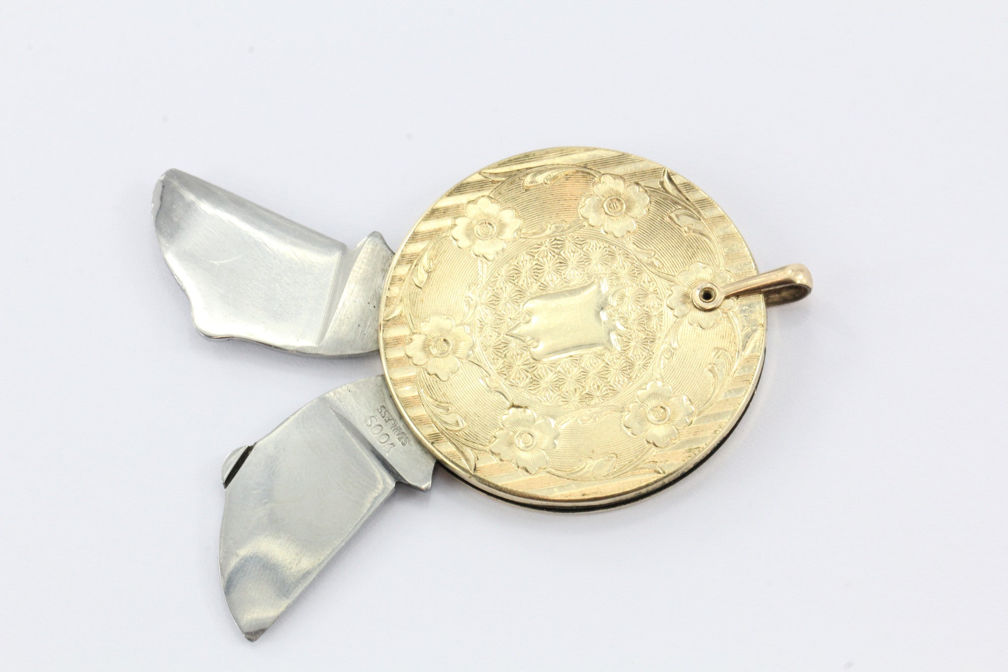 1930s Gold Filled engraved round pocket knife fob and watch tool - Queen May