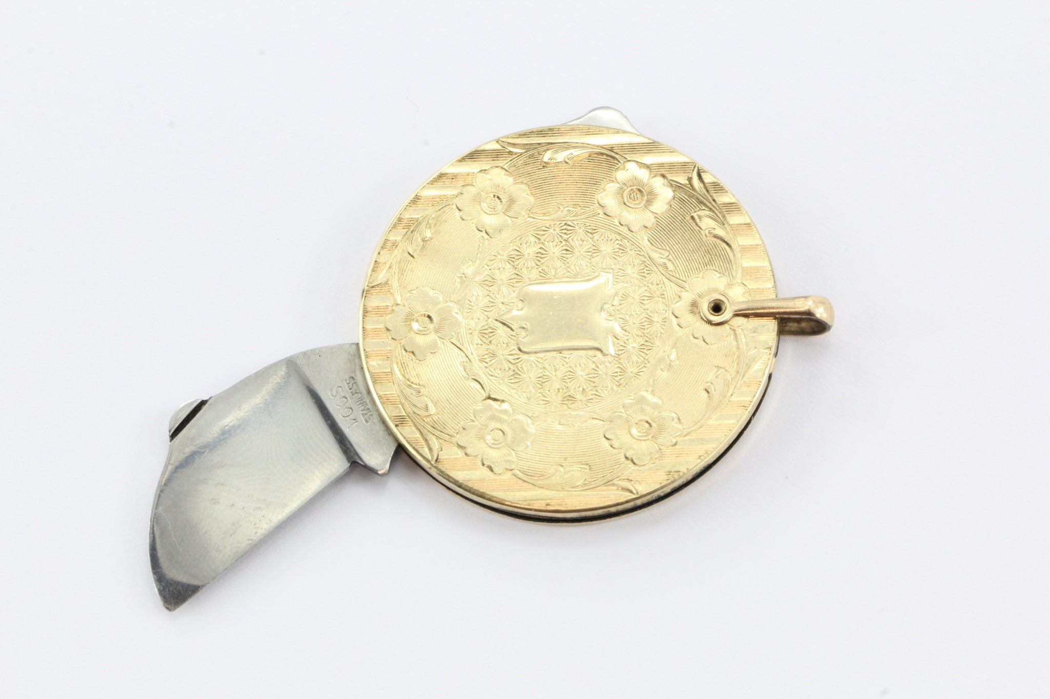 1930s Gold Filled engraved round pocket knife fob and watch tool - Queen May