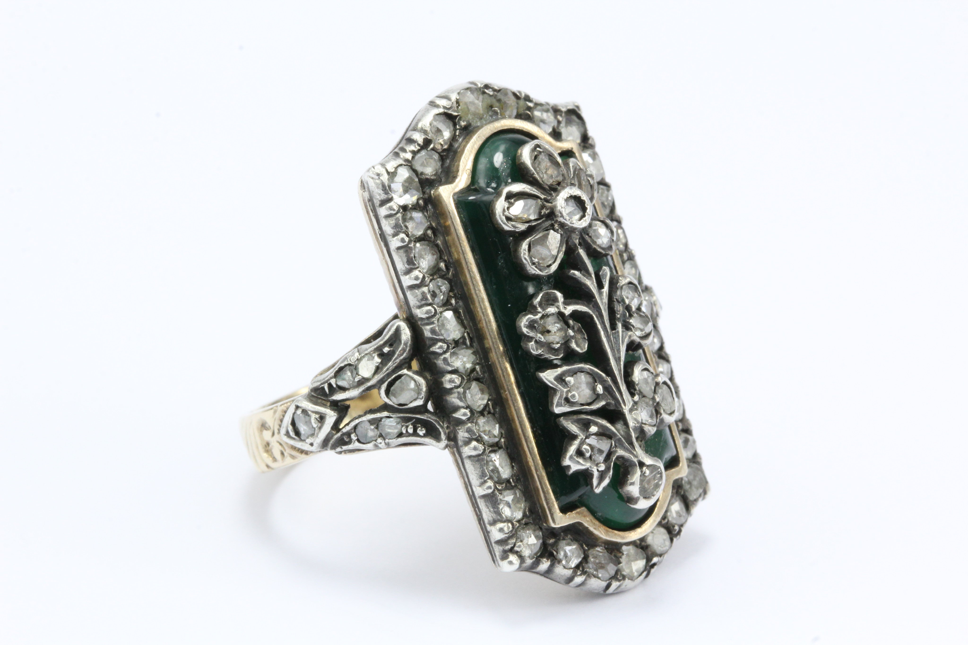 Georgian Revival Gold & Silver Chrysoprase Floral Bohemian Ring c.1930 - Queen May