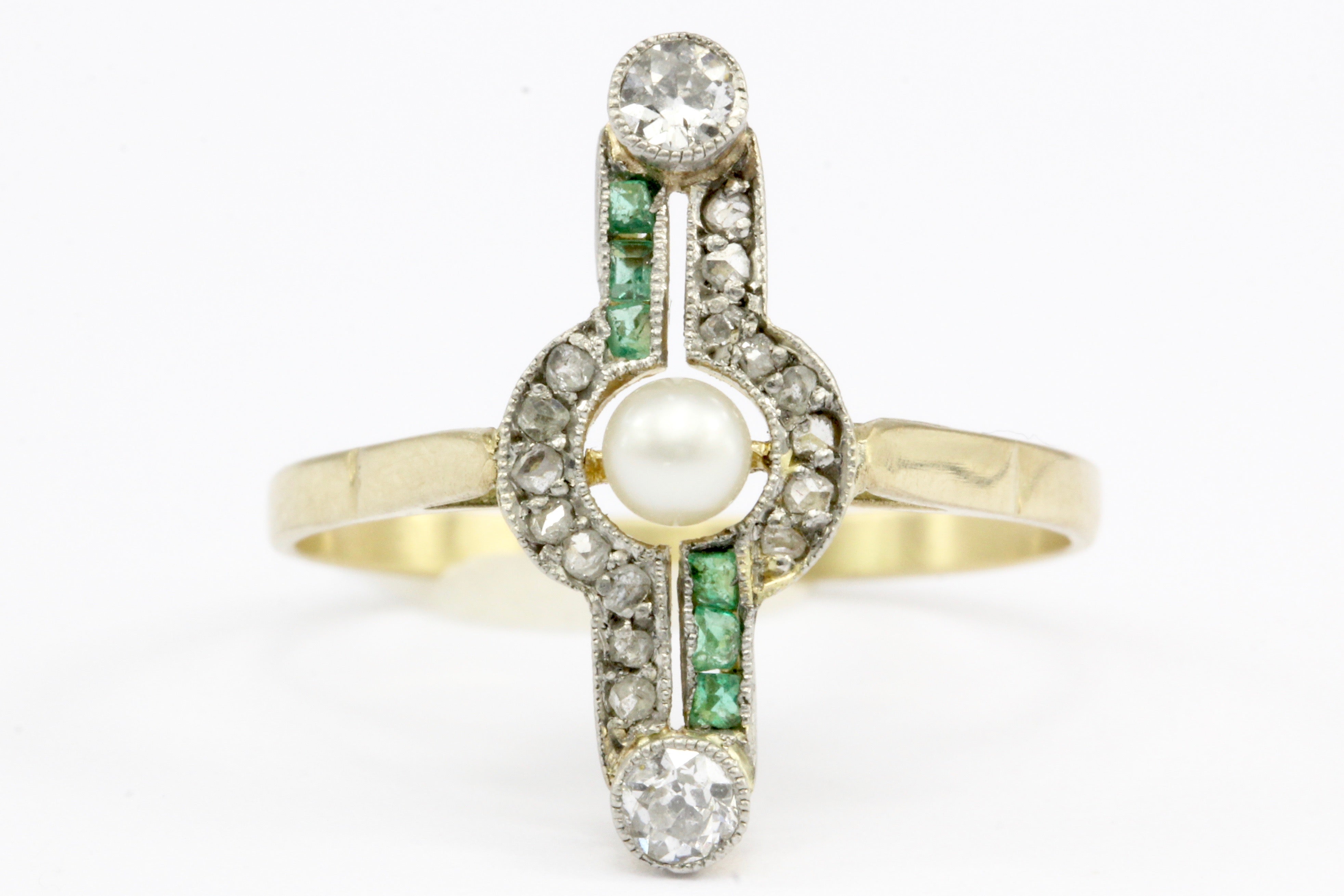 Edwardian 18K Yellow Gold Platinum Top Pearl Emerald & Diamond Ring Size 7 - Queen May