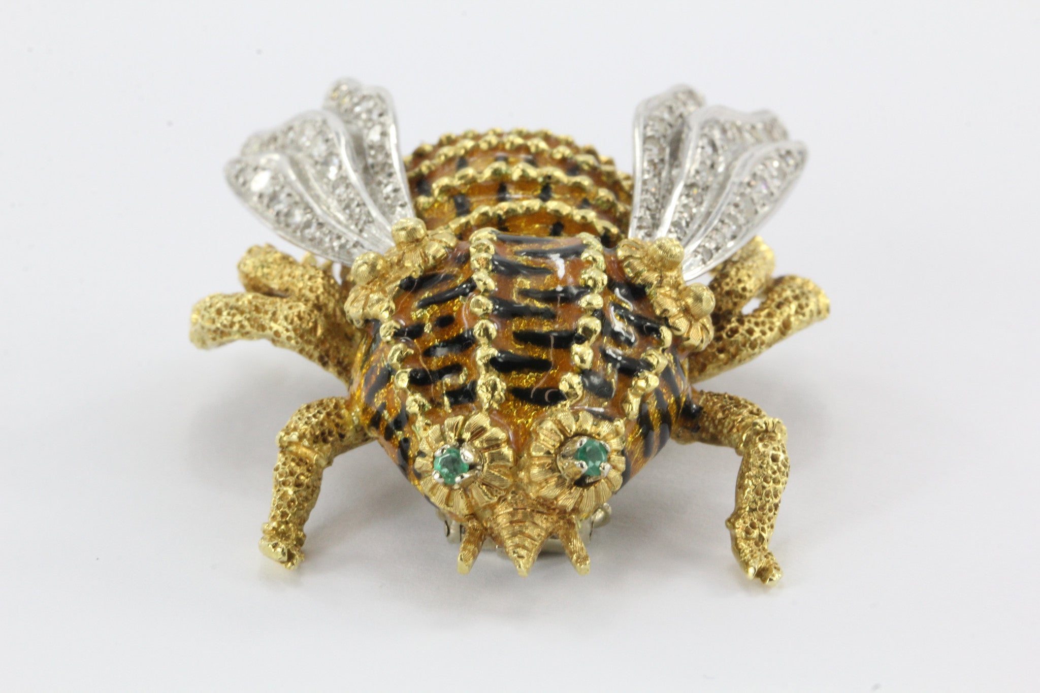 Large 18k handmade enamel bee with 1 carat single cut diamonds and emerald eyes - Queen May