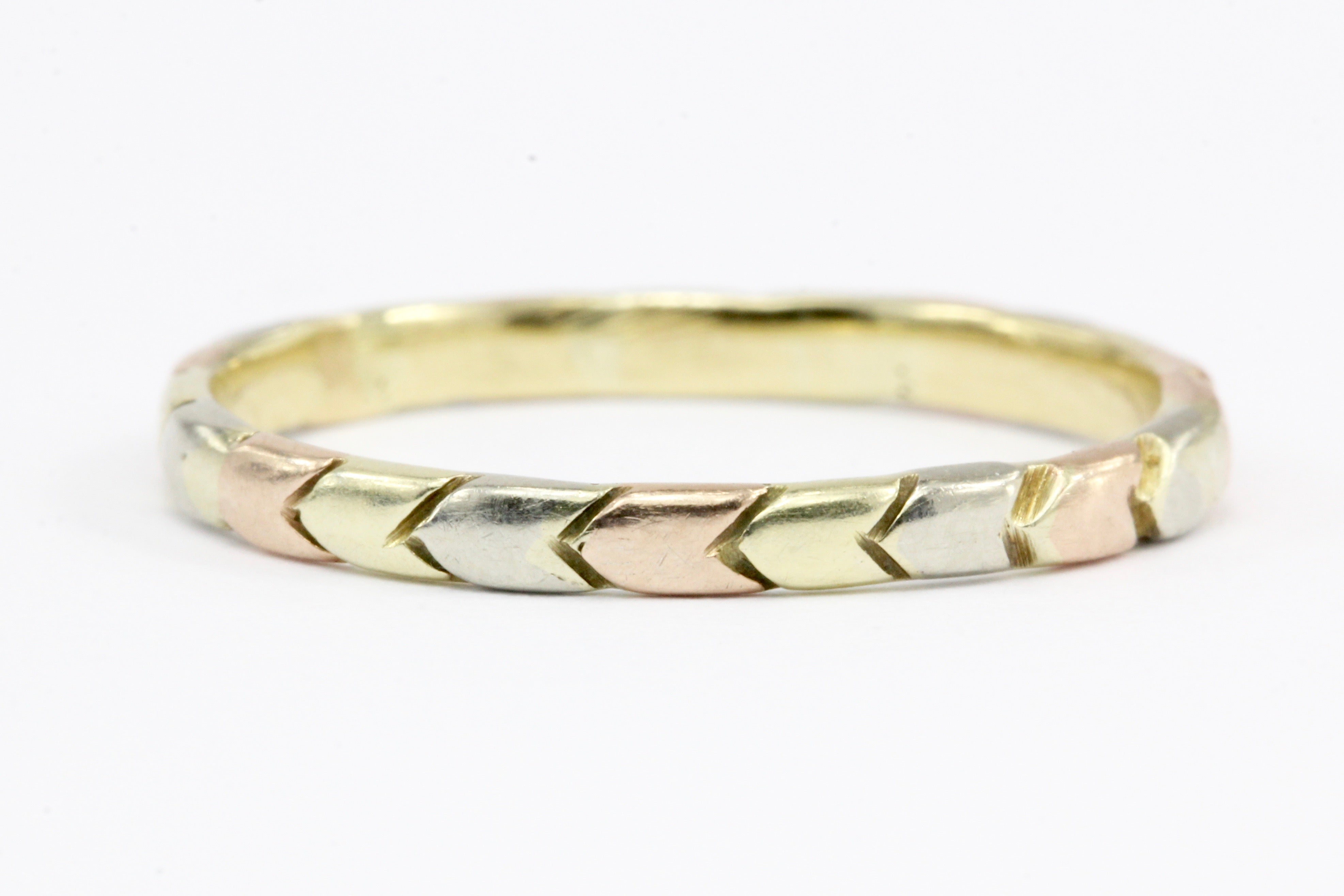 Art Deco 14K White Rose & Yellow Gold Chevron Pattern Band Size 7.25 - Queen May
