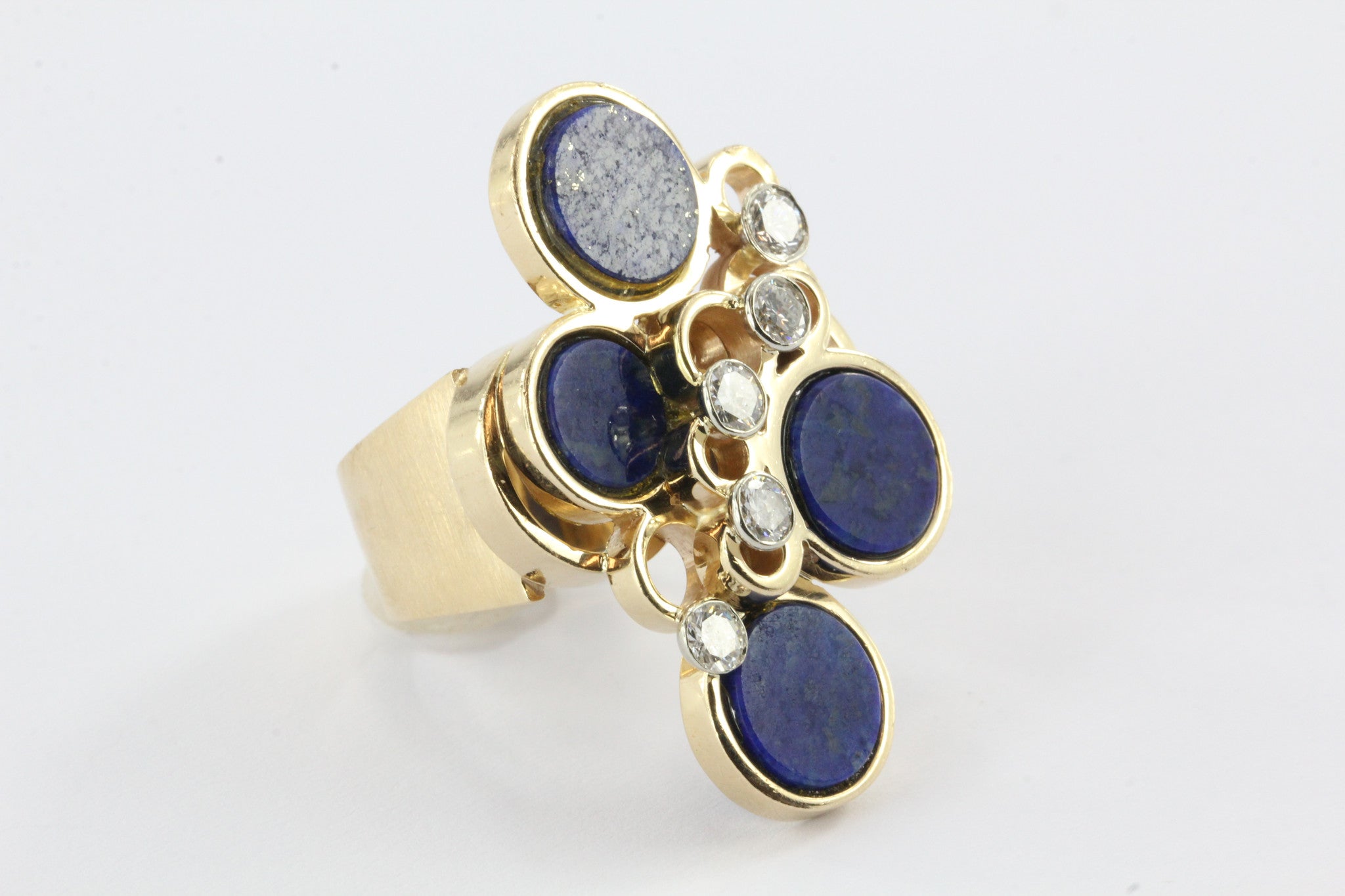 14k gold lapis disc and diamond mid century cocktail ring - Queen May