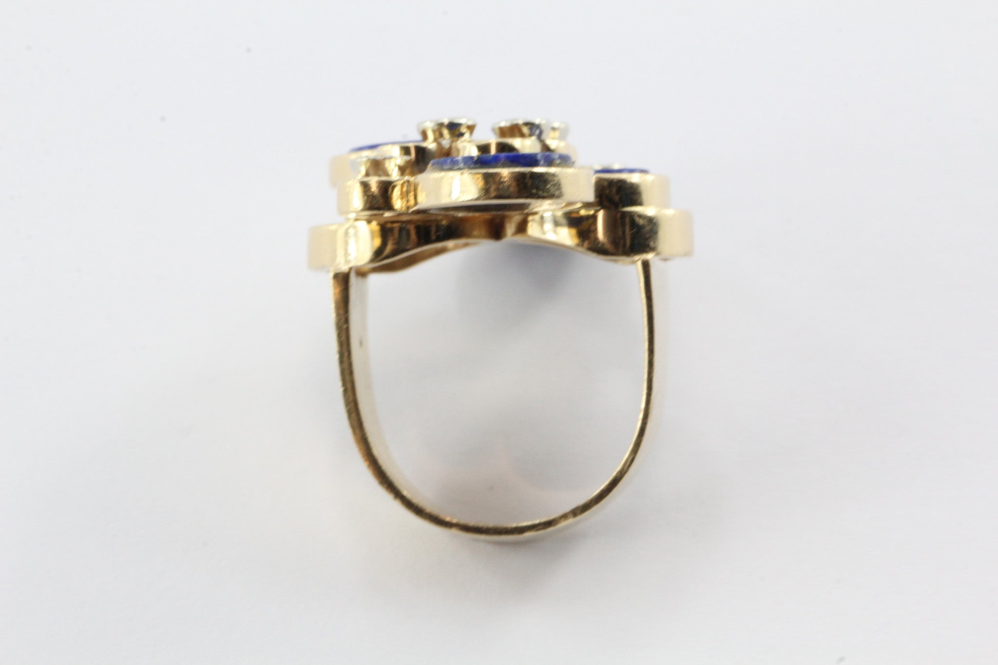 14k gold lapis disc and diamond mid century cocktail ring - Queen May