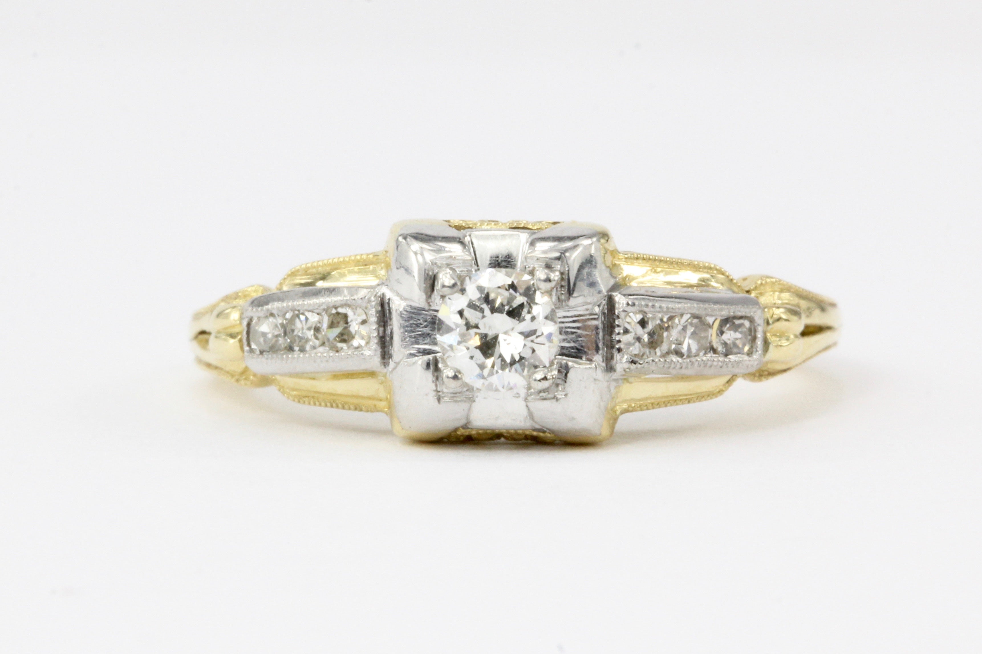 Retro 18K White & Yellow Gold .16 CTR Diamond Ring - Queen May
