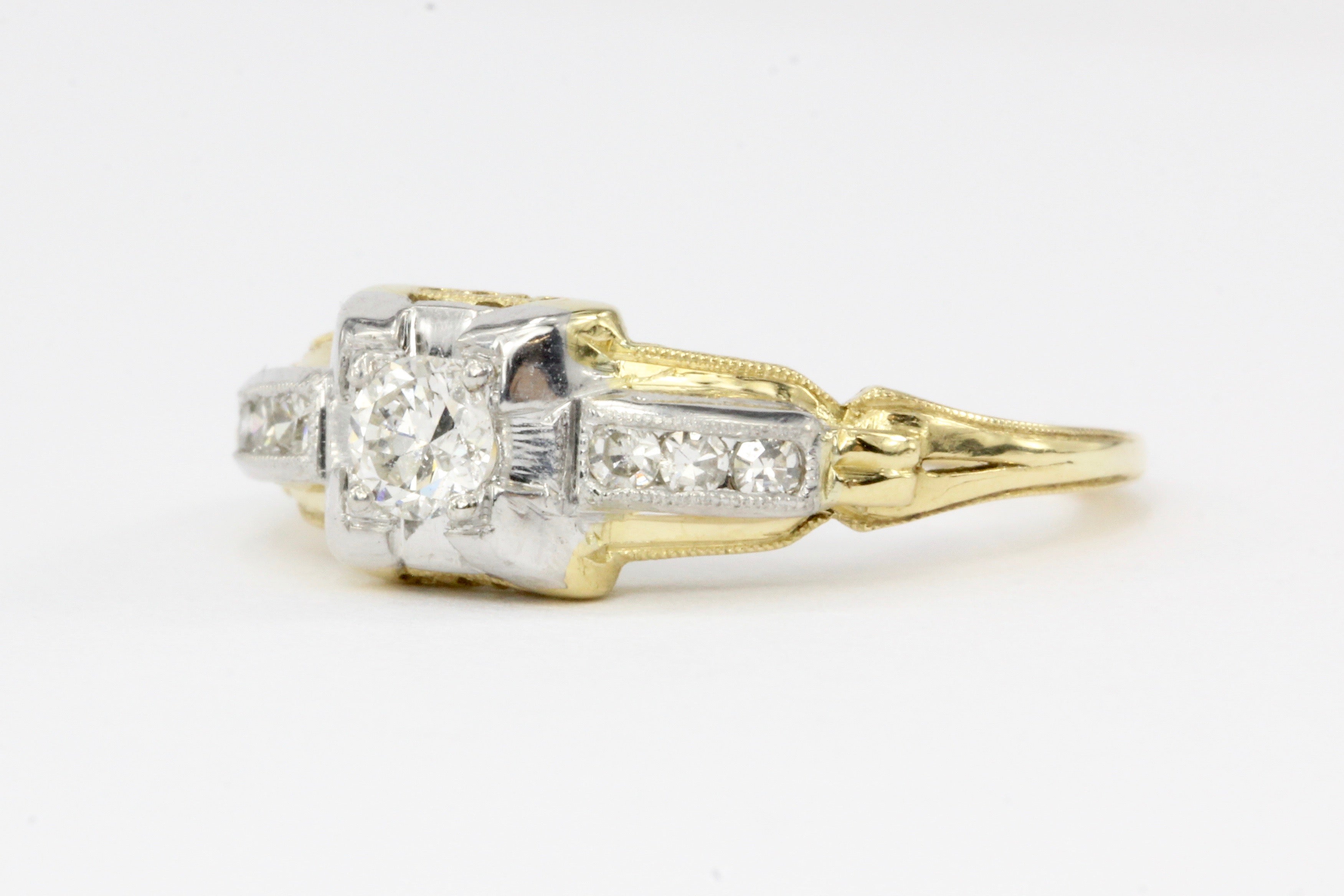 Retro 18K White & Yellow Gold .16 CTR Diamond Ring - Queen May