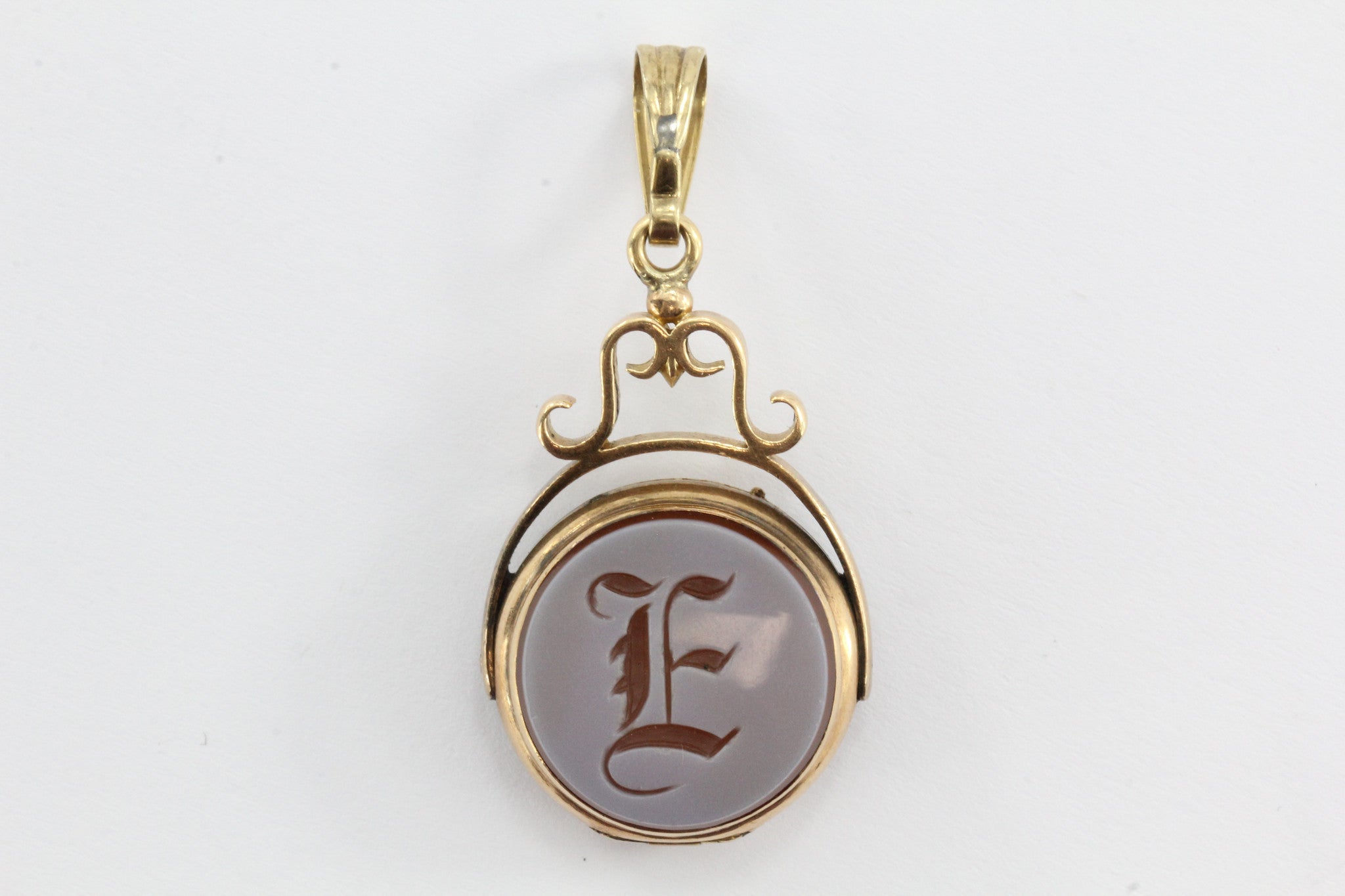 Rare Victorian era Letter E double sided banded agate fob locket - Queen May