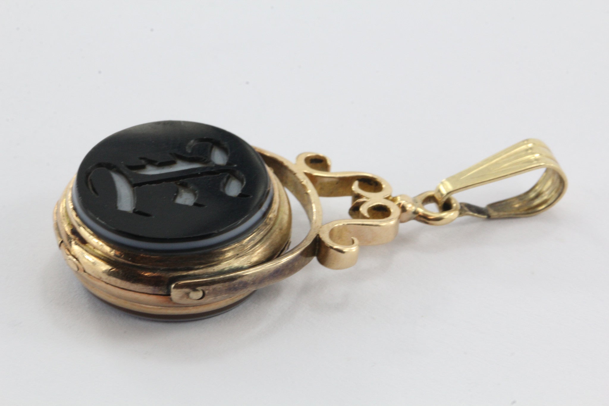 Rare Victorian era Letter E double sided banded agate fob locket - Queen May