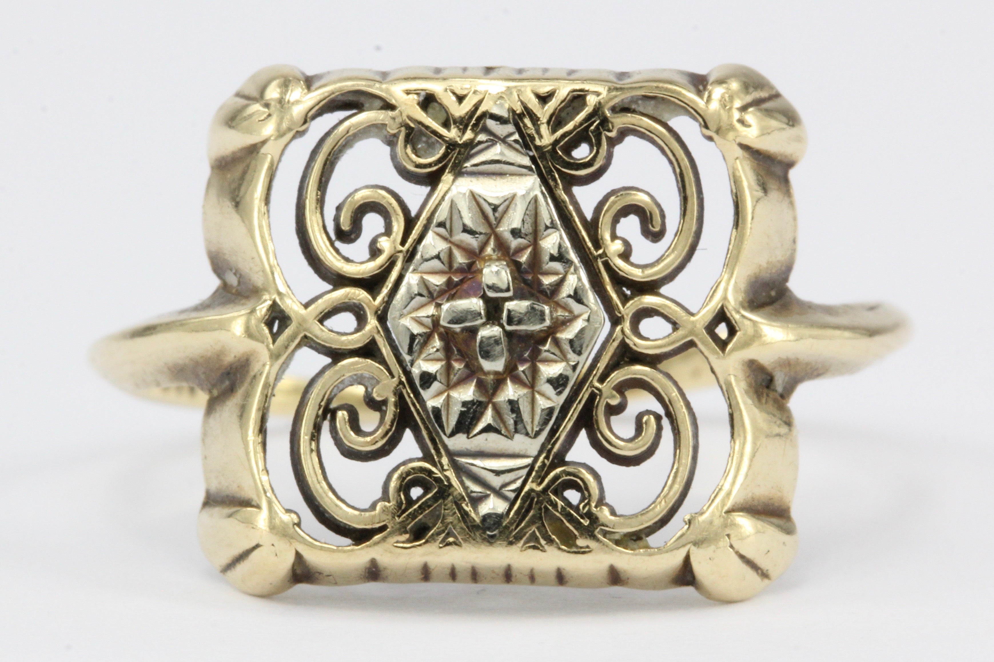 Retro 14K Yellow Gold Ornate Scroll Motif Ring Size 7.25 - Queen May