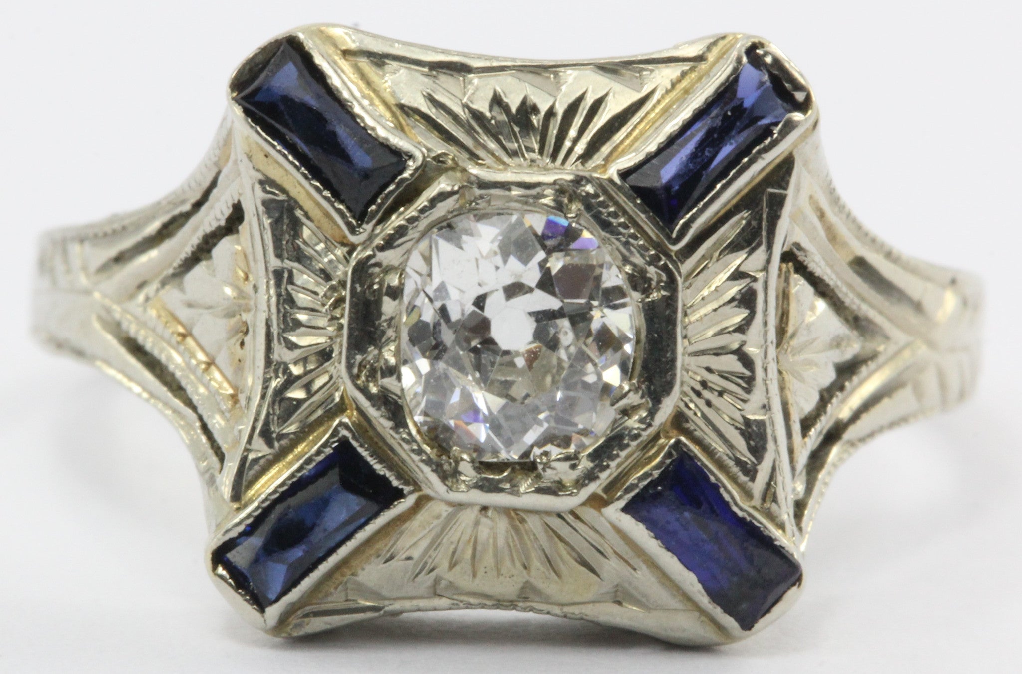 Art Deco Diamond and French Cut Sapphire 18k Gold Engagement Ring - Queen May
