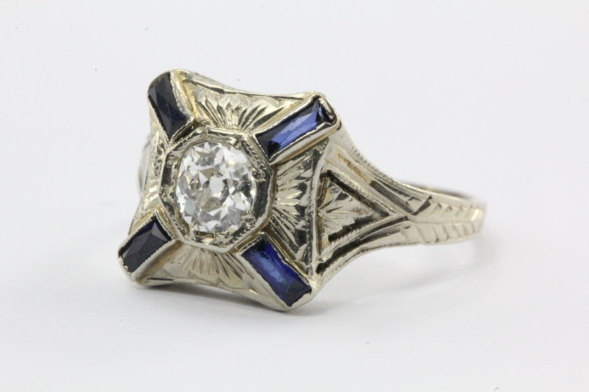 Art Deco Diamond and French Cut Sapphire 18k Gold Engagement Ring - Queen May