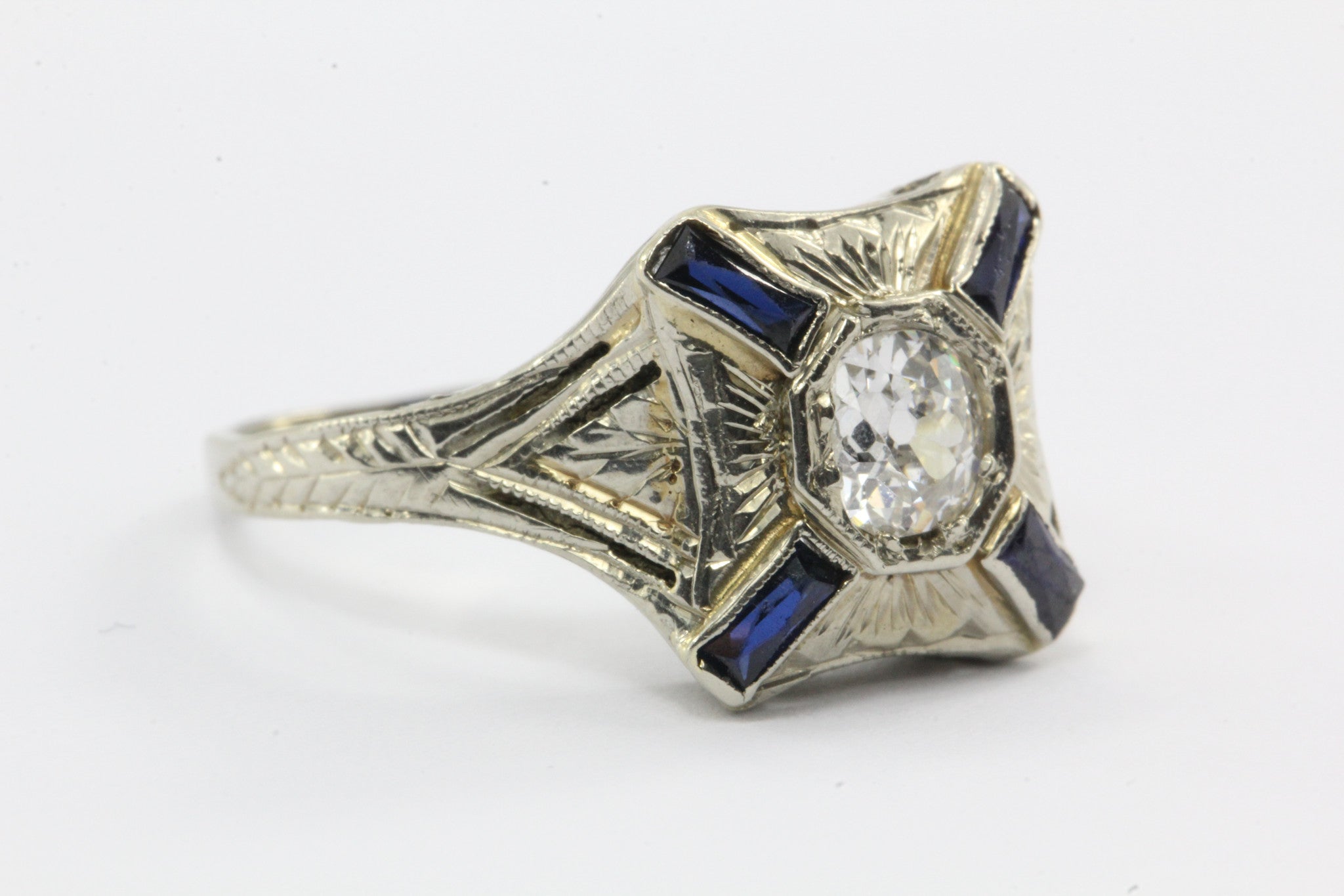 Art Deco Diamond and French Cut Sapphire 18k Gold Engagement Ring - Queen May