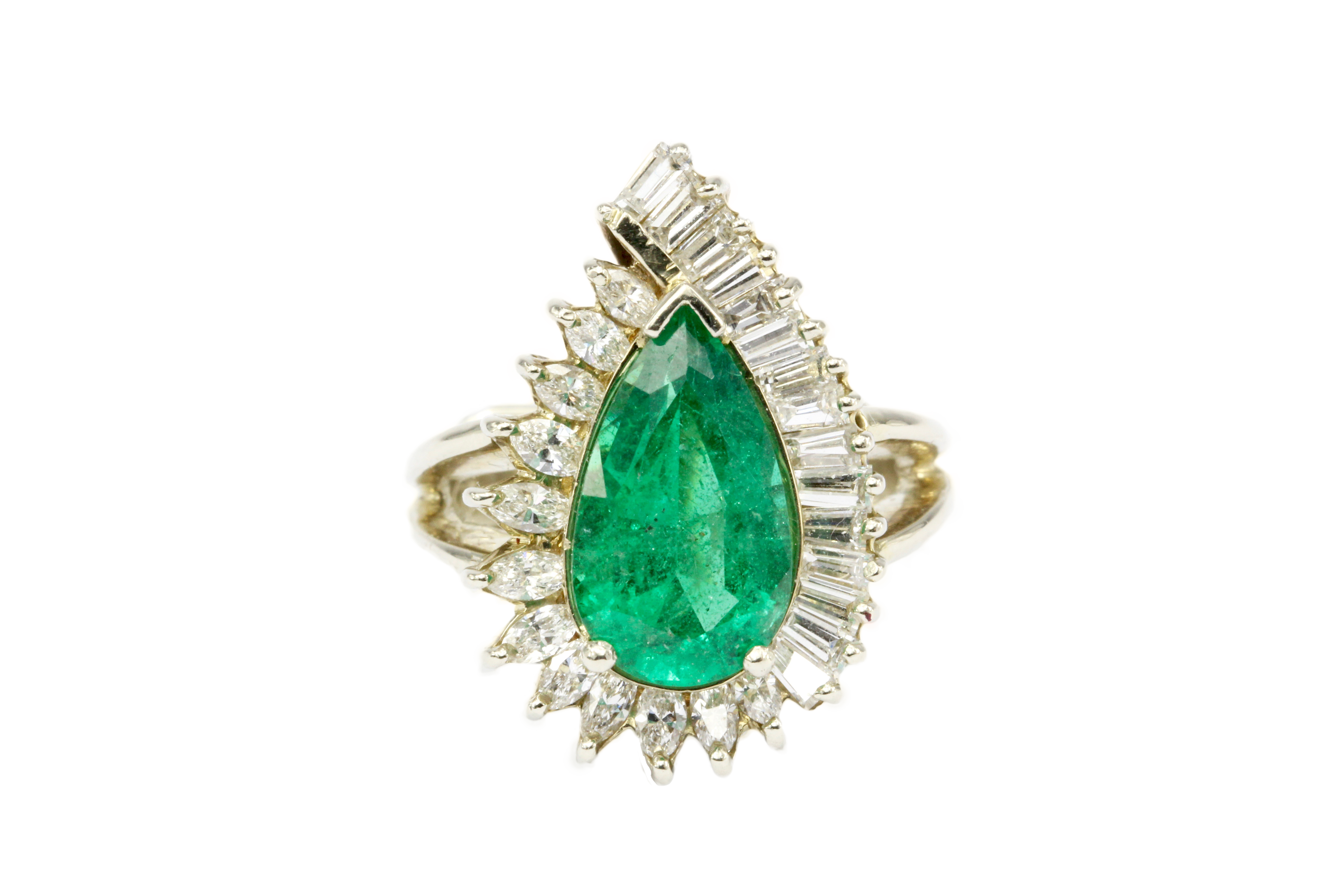 14K Yellow Gold GIA 3.5 Carat Pear Shaped Emerald and Diamond Halo Ring - Queen May