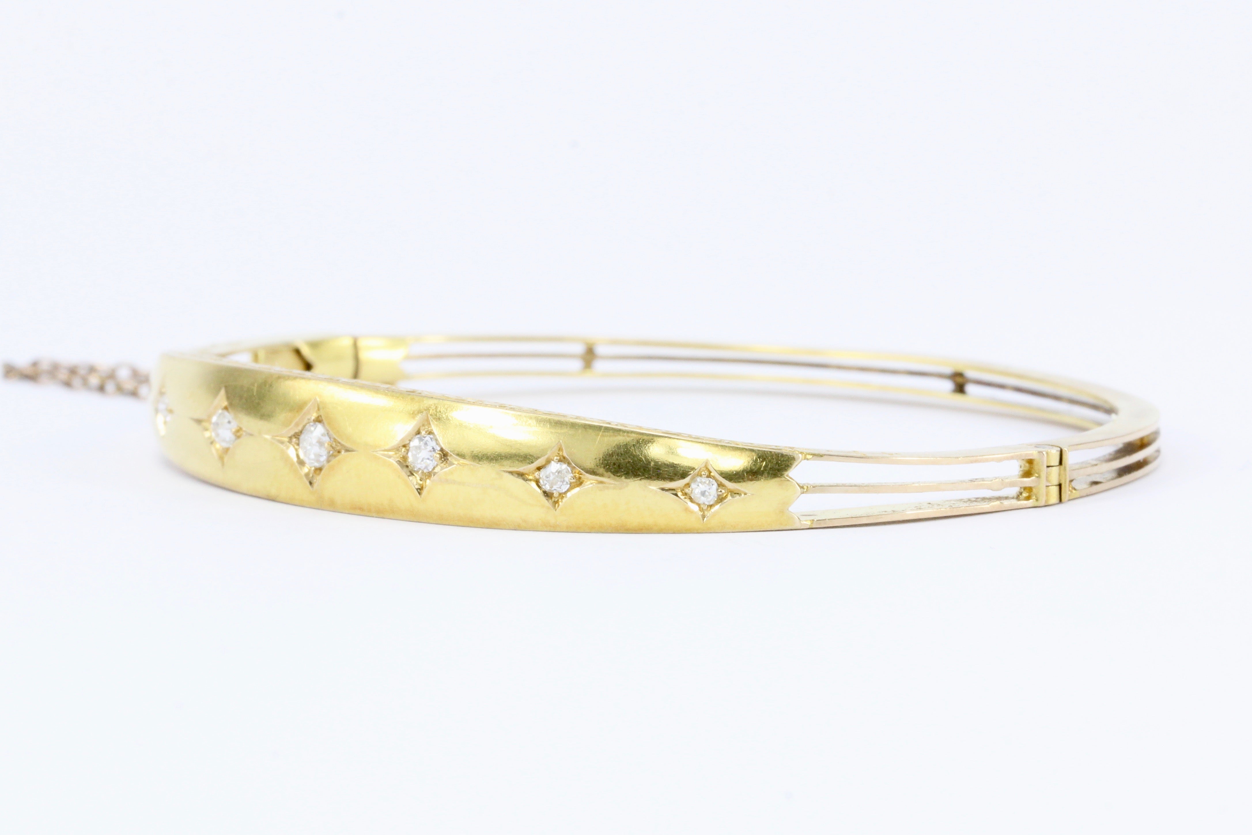 Edwardian 15K Yellow Gold Old Mine Cut Diamond Bangle Bracelet c.1910 - Queen May