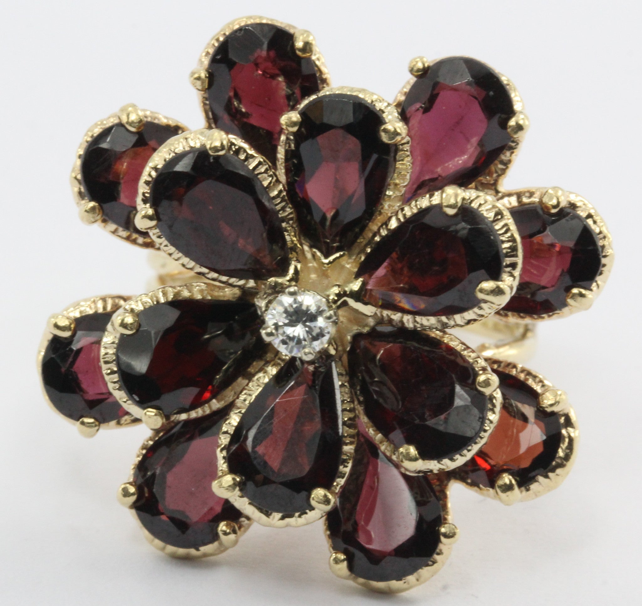 Vintage Retro Chunky 14K Gold Floral Flower Garnet & Diamond Ring - Queen May