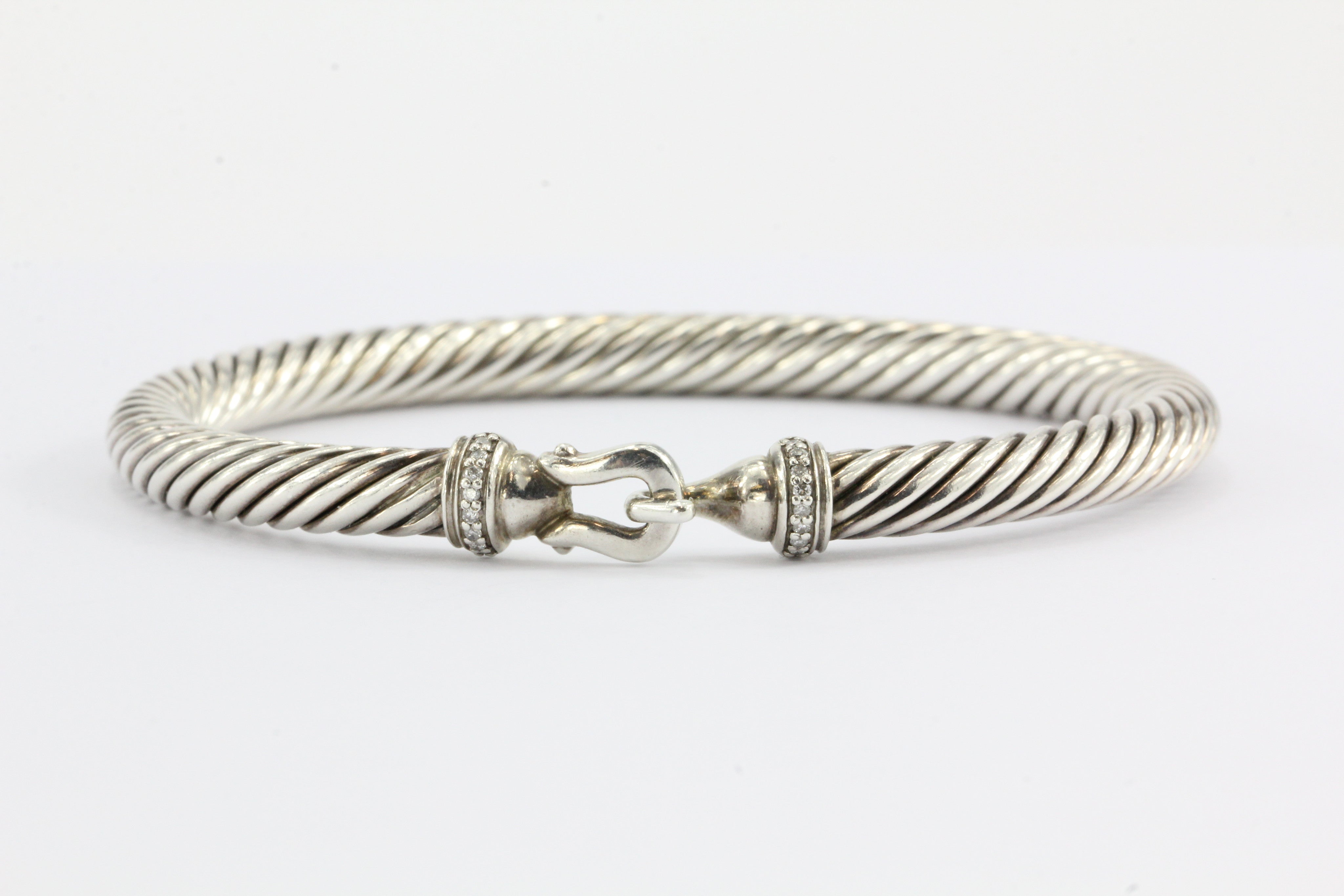 David Yurman Sterling Silver & Diamond Cable Bangle Bracelet 5mm - Queen May