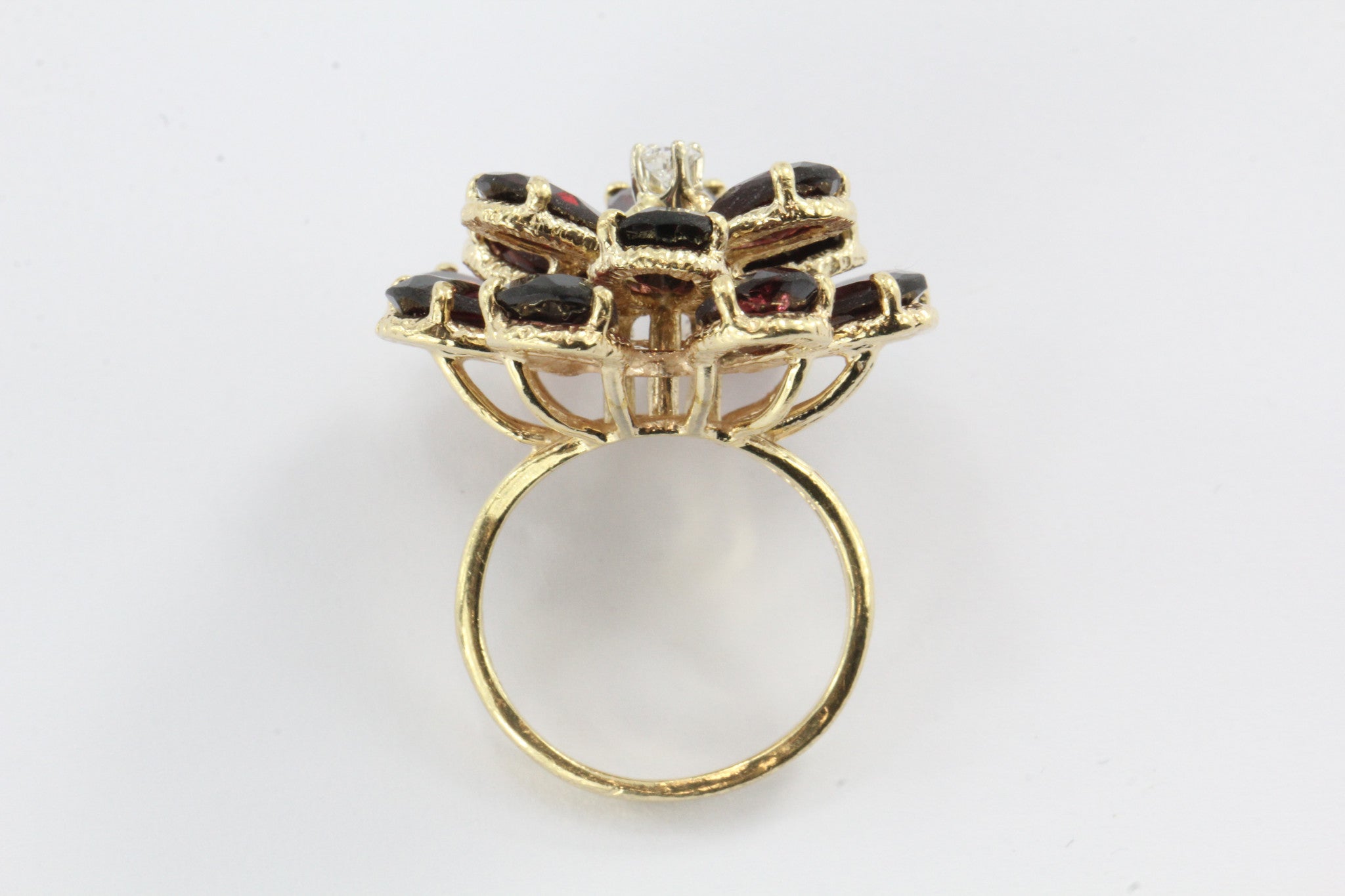 Vintage Retro Chunky 14K Gold Floral Flower Garnet & Diamond Ring - Queen May