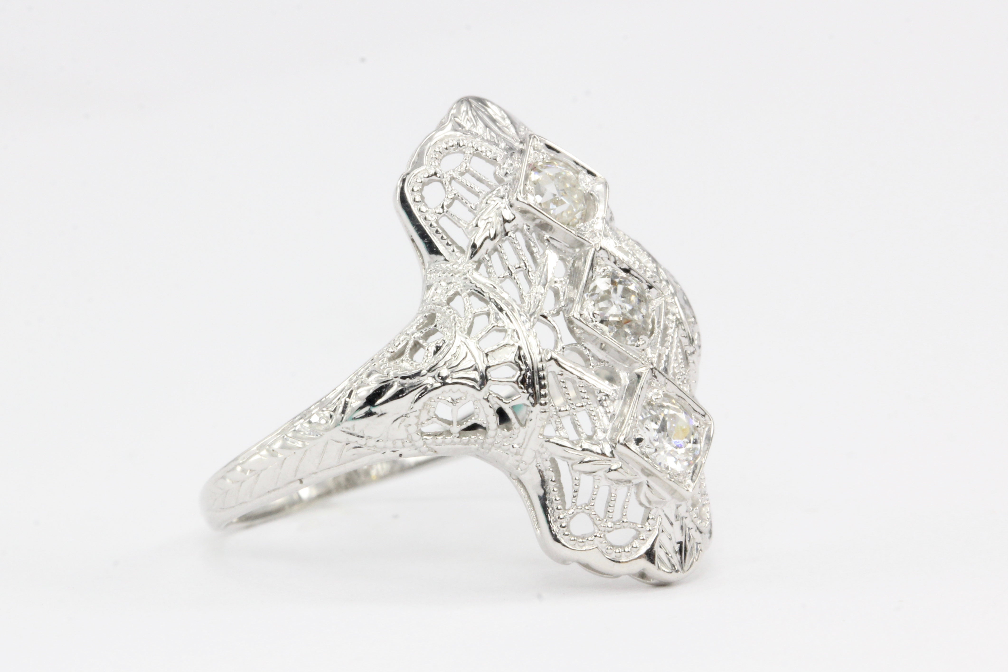 Art Deco 18K White Gold .25 CTW Diamond Shield Ring - Queen May