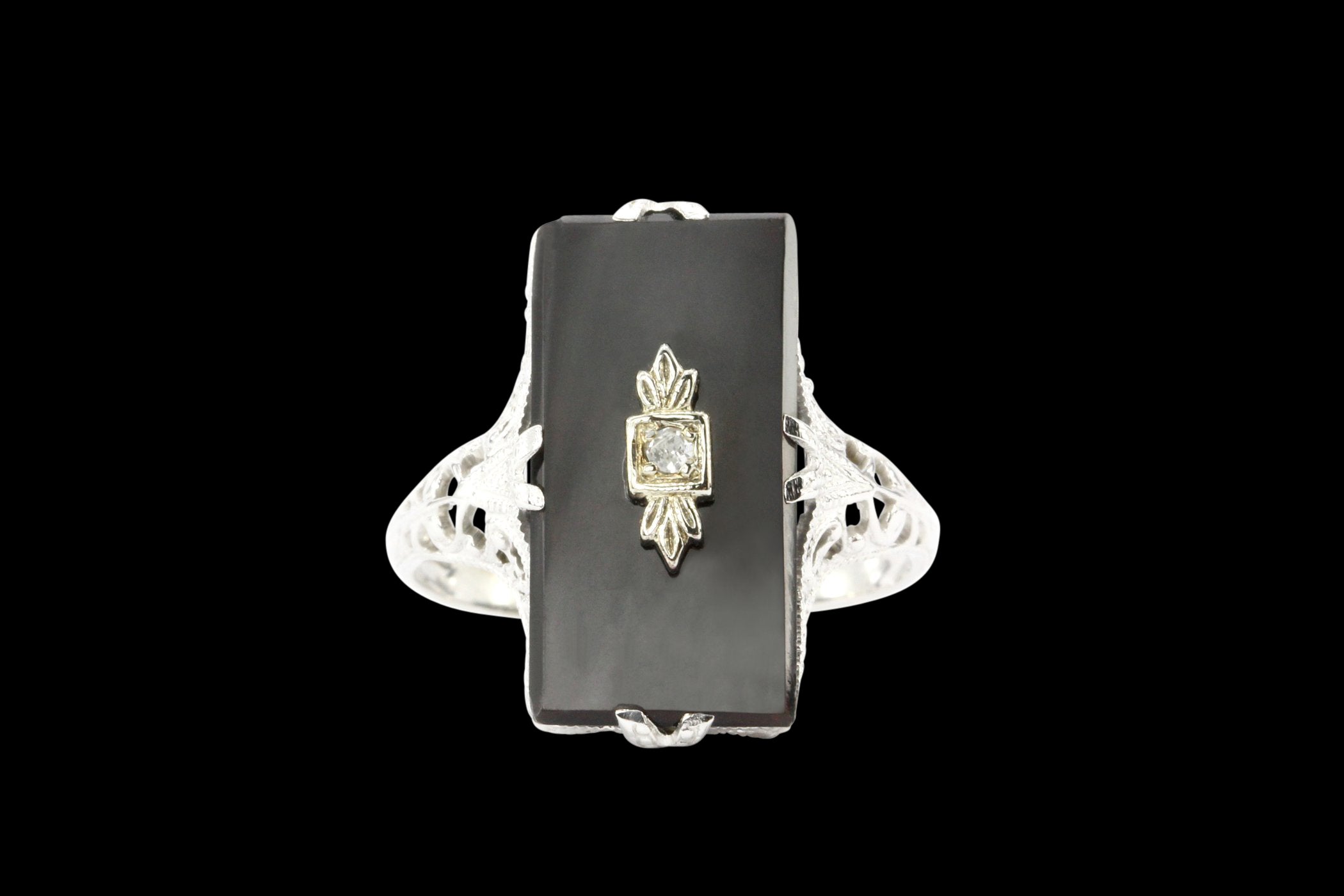 Art Deco 14K White Gold Black Onyx and .01 CT Single Cut Diamond Ring - Queen May