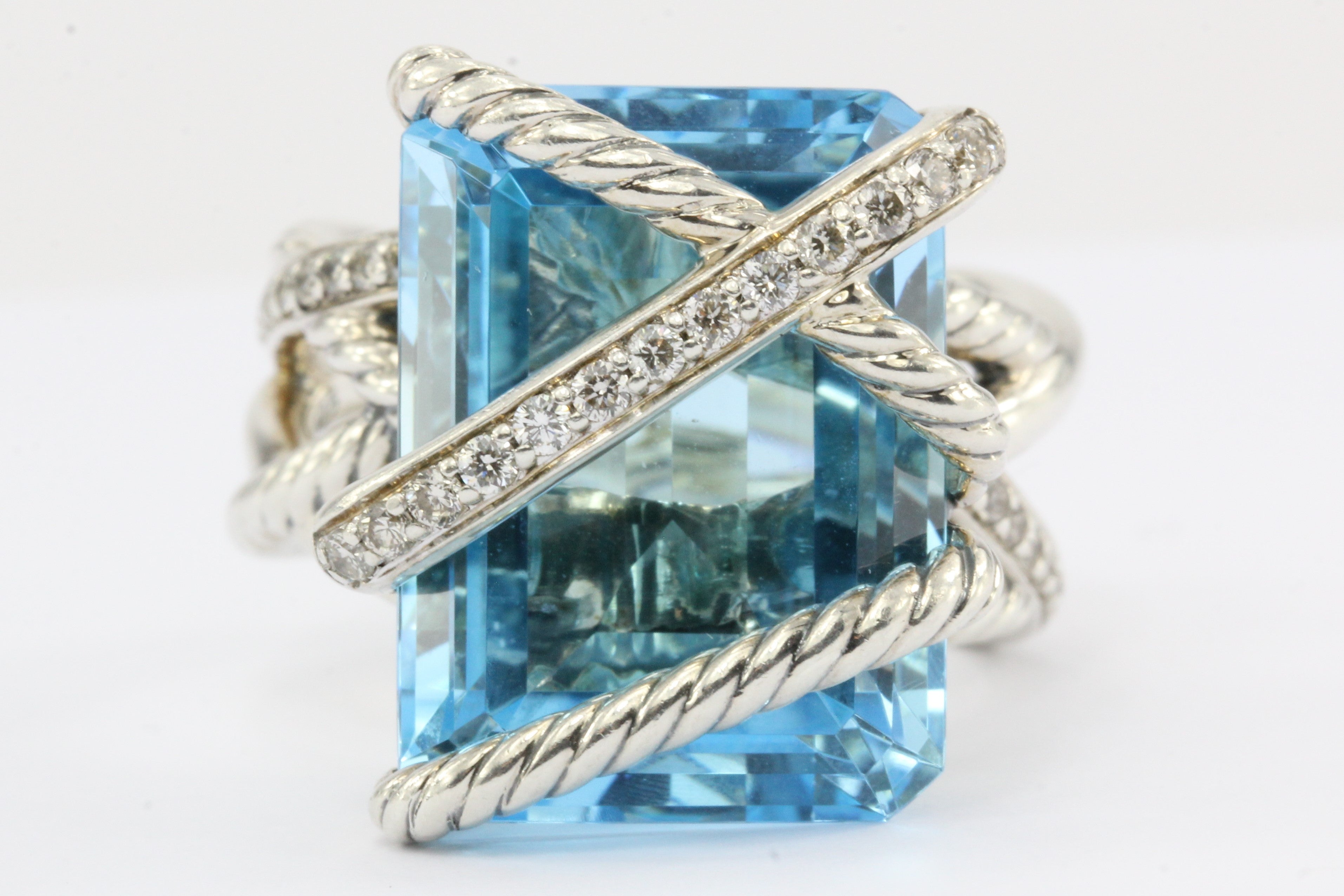 David Yurman Sterling Silver Cable Wrap Blue Topaz & Diamond Ring - Queen May
