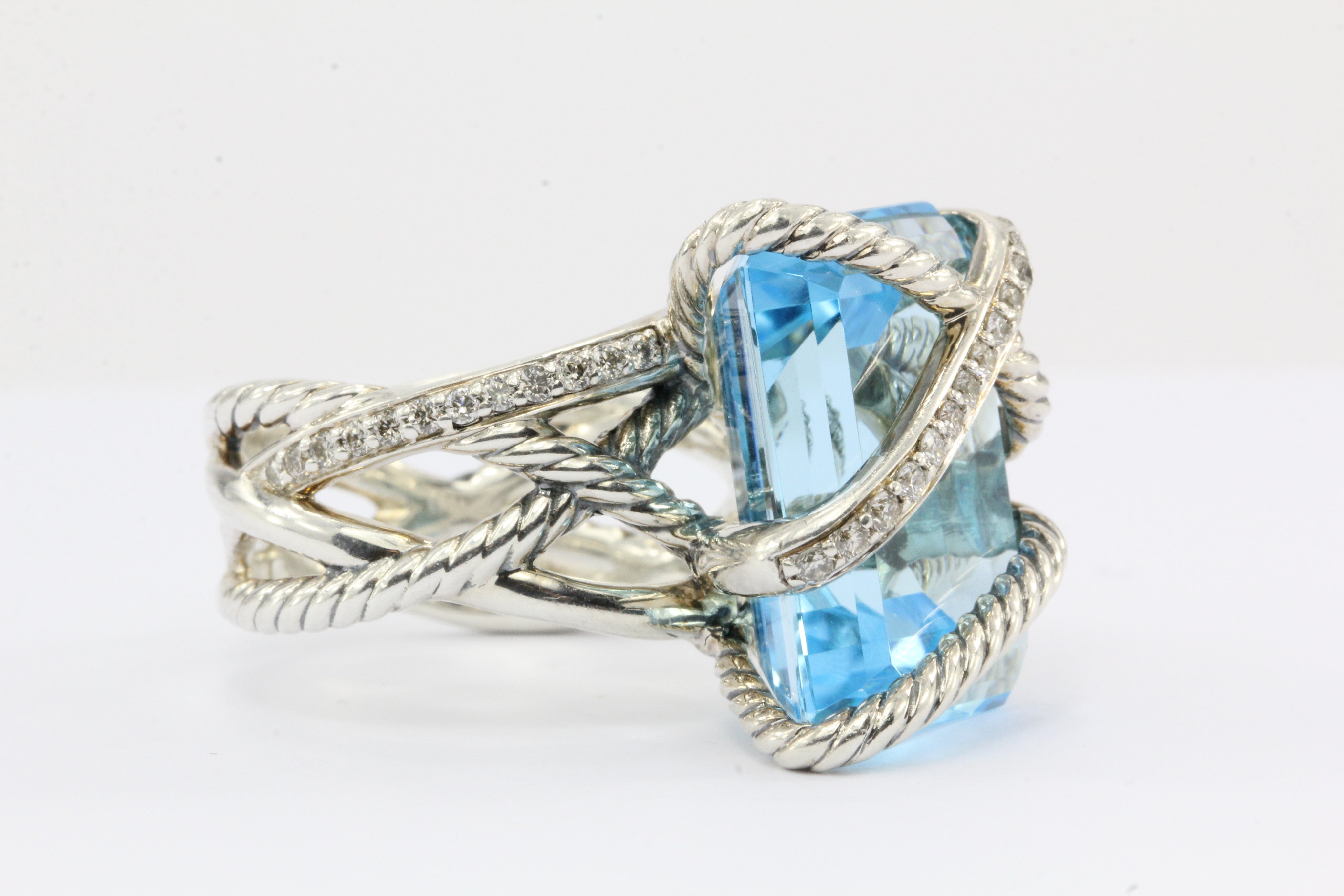 David Yurman Sterling Silver Cable Wrap Blue Topaz & Diamond Ring - Queen May