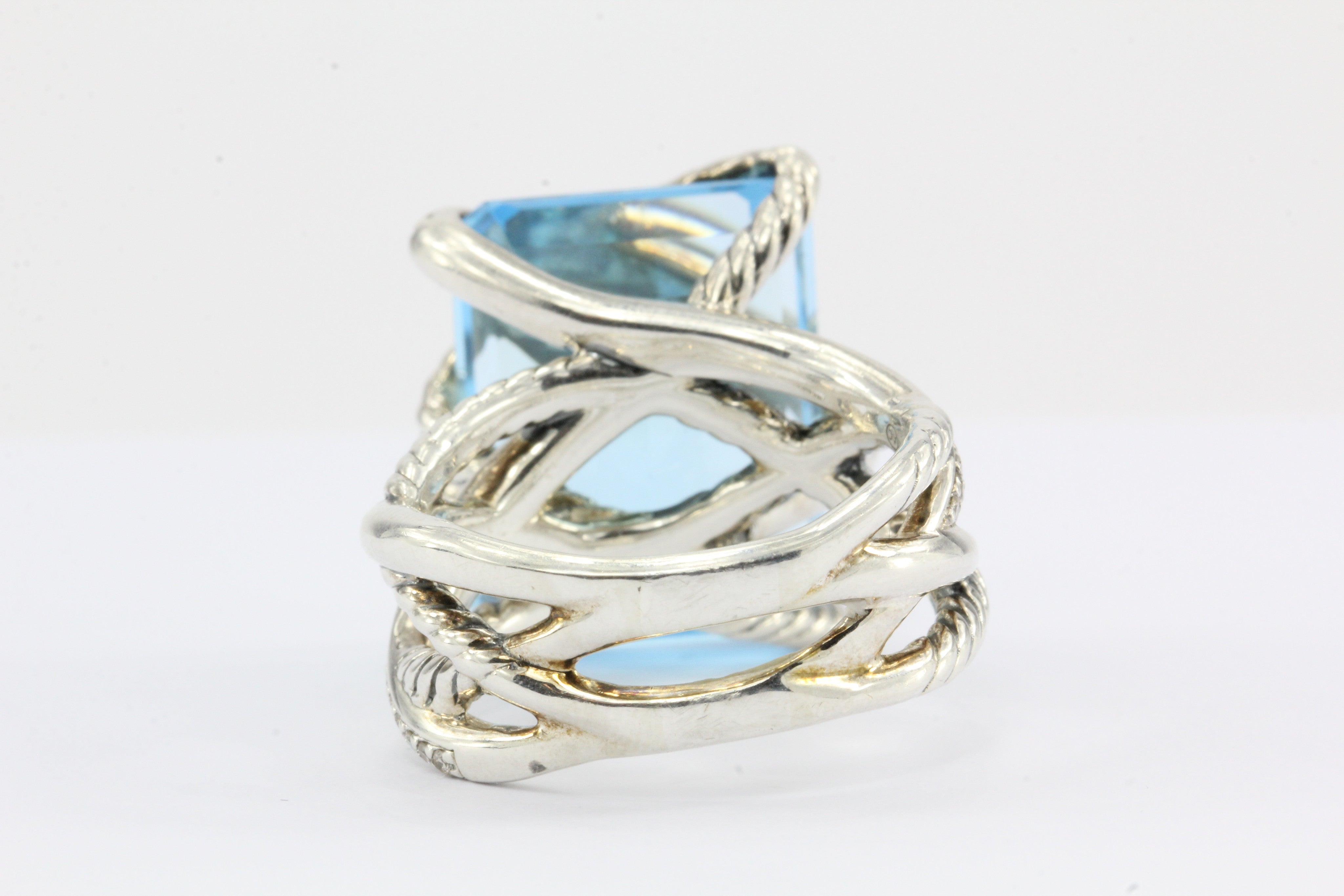 David Yurman Sterling Silver Cable Wrap Blue Topaz & Diamond Ring - Queen May