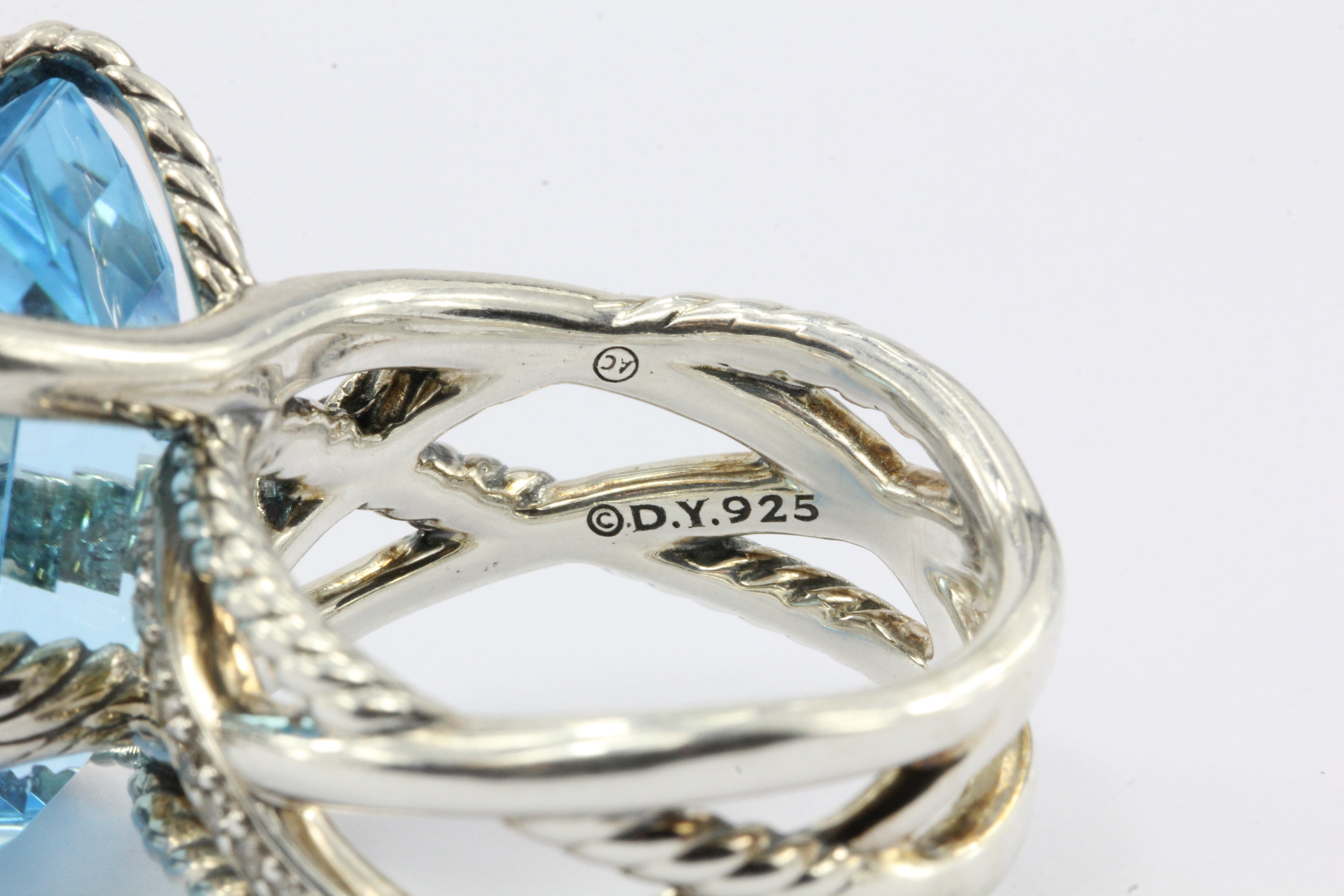 David Yurman Sterling Silver Cable Wrap Blue Topaz & Diamond Ring - Queen May