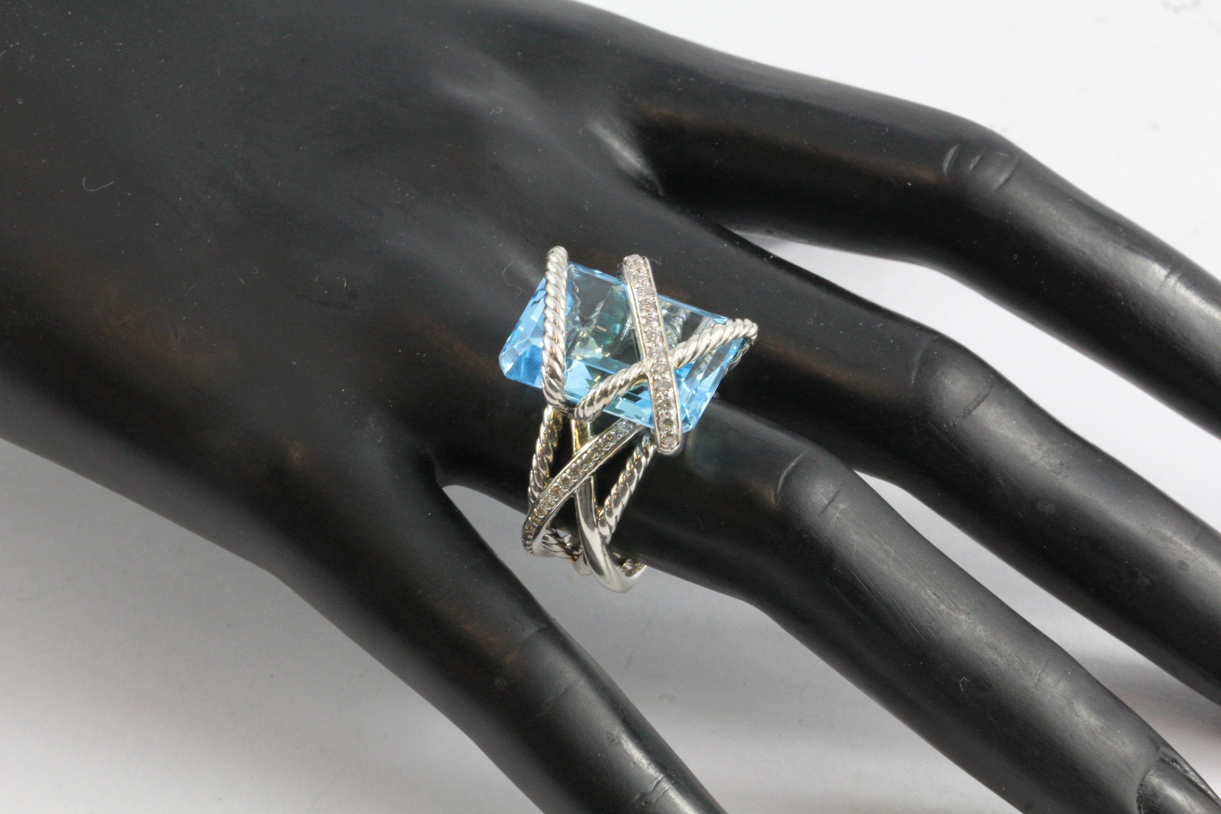 David Yurman Sterling Silver Cable Wrap Blue Topaz & Diamond Ring - Queen May