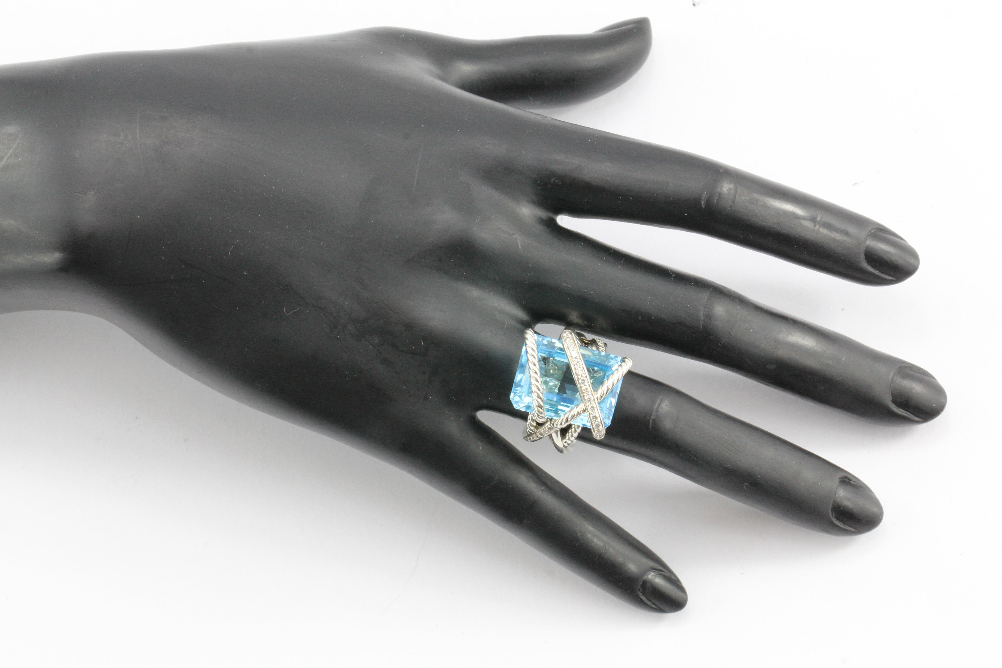 David Yurman Sterling Silver Cable Wrap Blue Topaz & Diamond Ring - Queen May