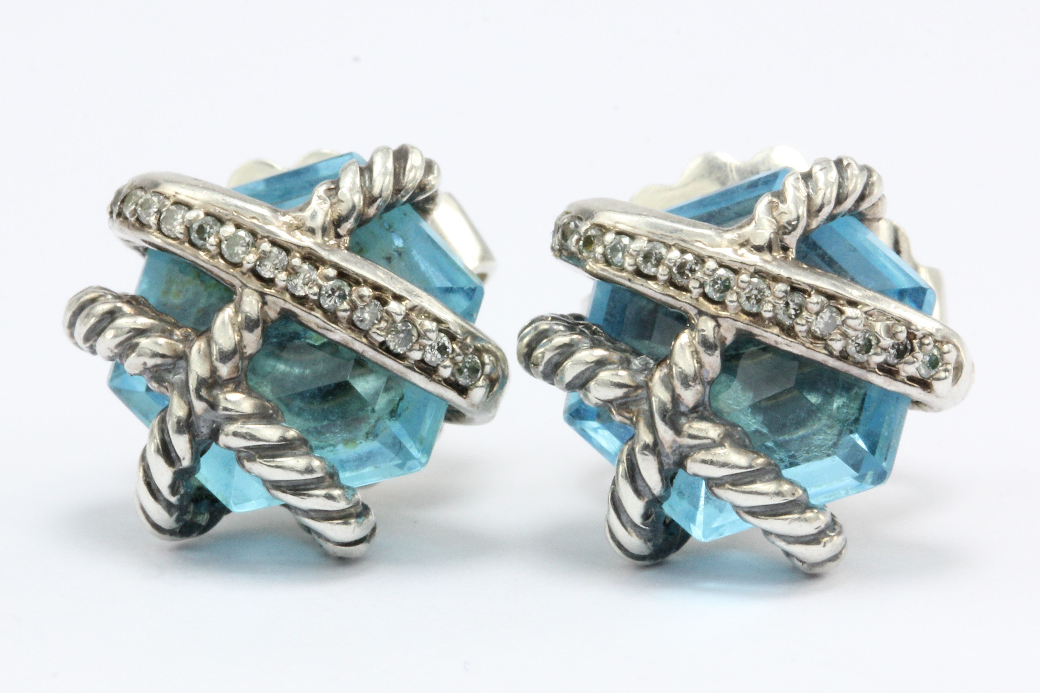 David Yurman Cable Wrap Sterling Silver Blue Topaz Diamond Earrings - Queen May