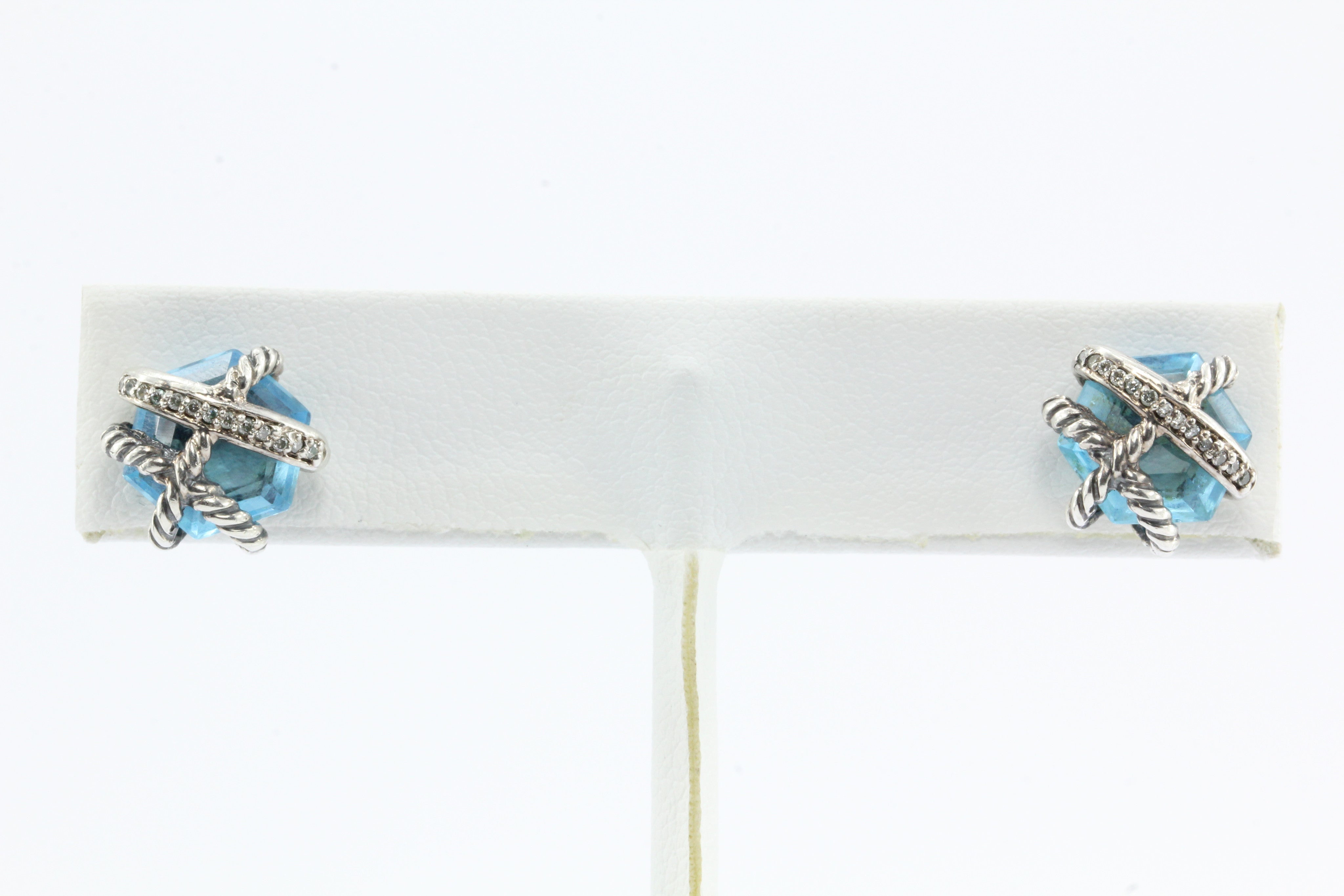 David Yurman Cable Wrap Sterling Silver Blue Topaz Diamond Earrings - Queen May