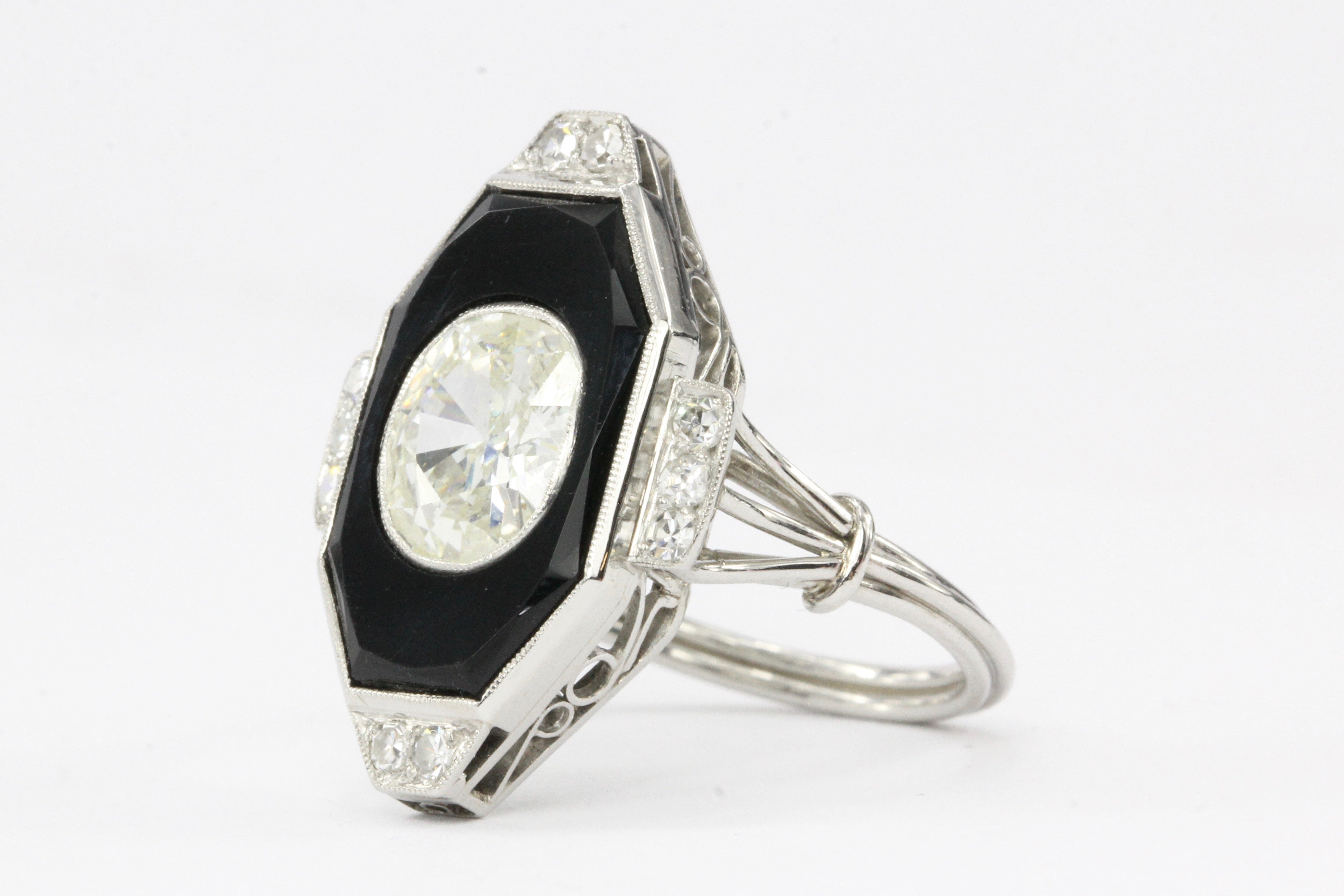 Art Deco Platinum Onyx and 1.3CT Oval Diamond Ring - Queen May