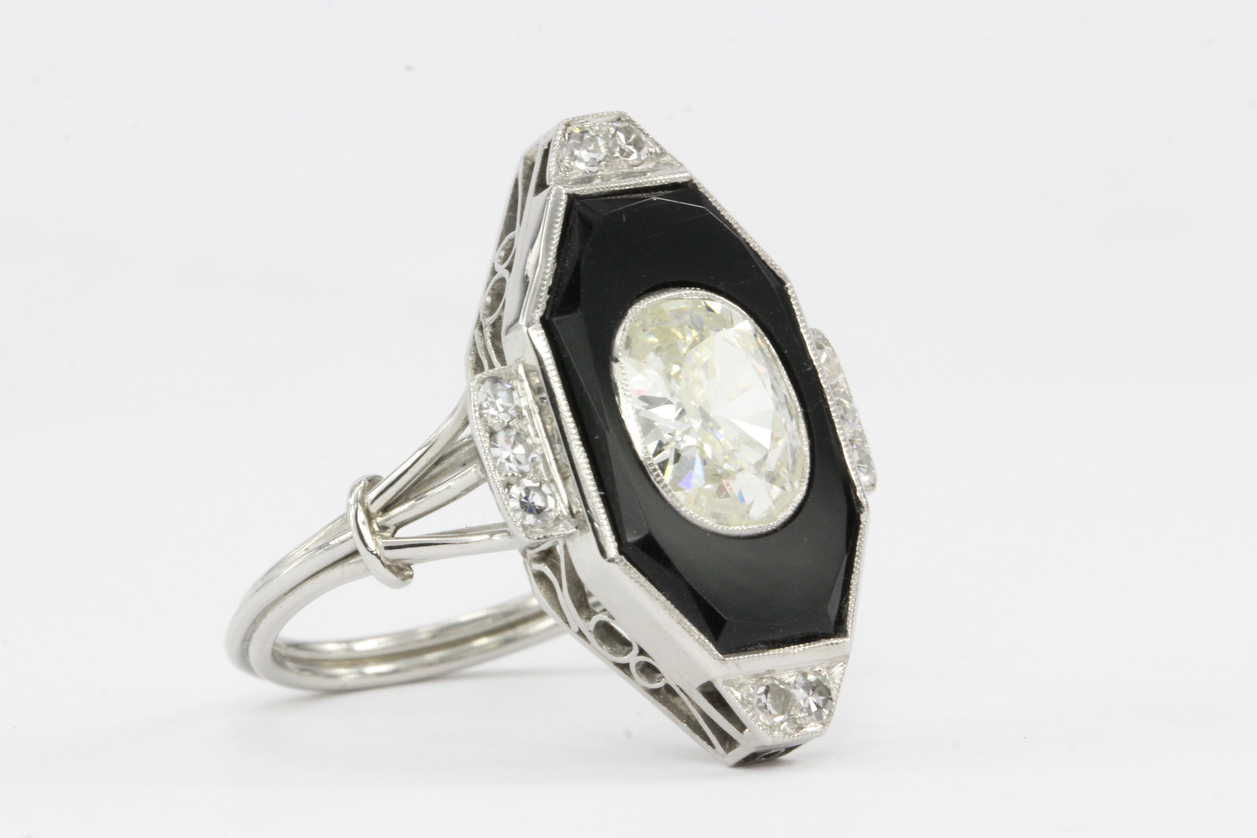 Art Deco Platinum Onyx and 1.3CT Oval Diamond Ring - Queen May