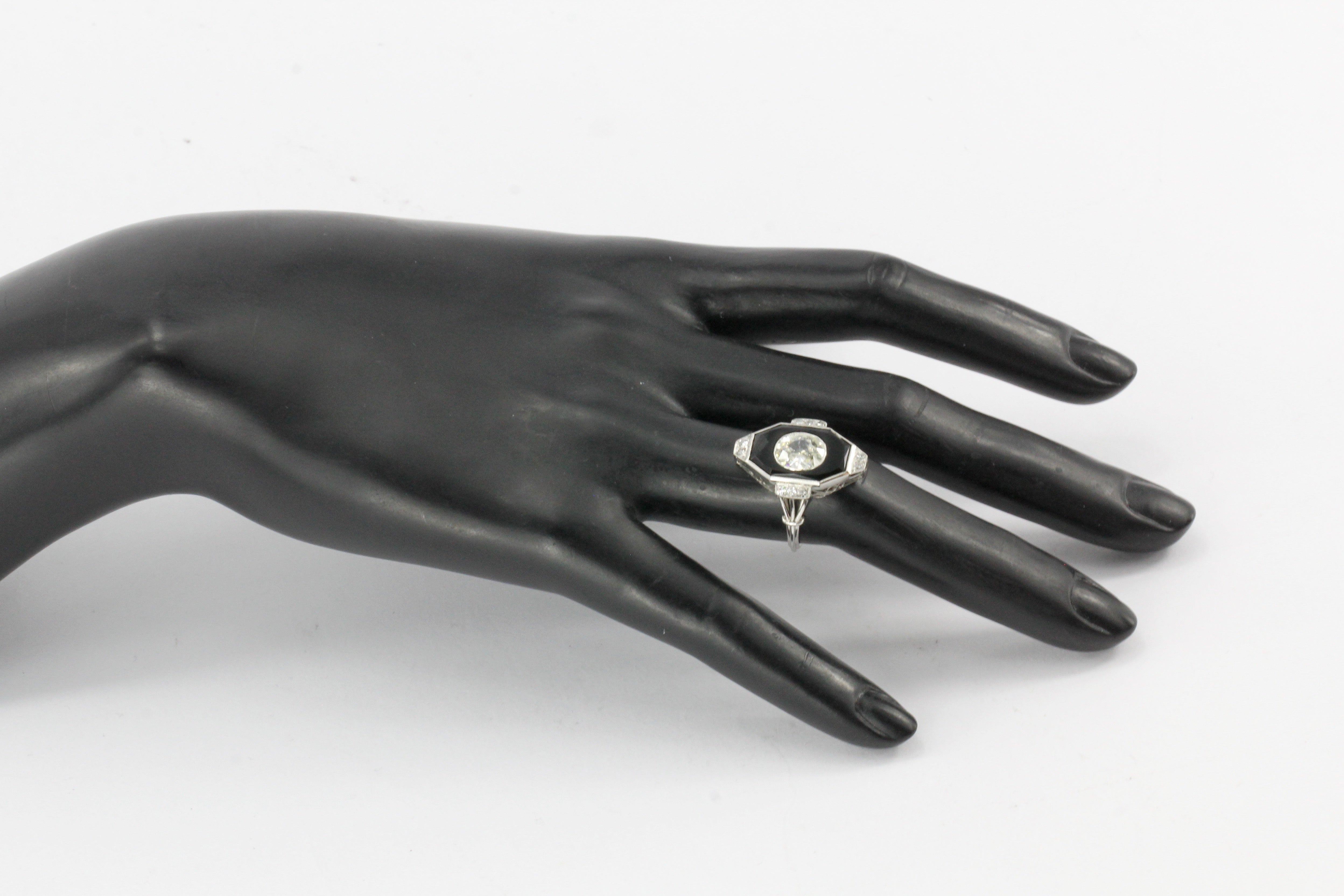 Art Deco Platinum Onyx and 1.3CT Oval Diamond Ring - Queen May