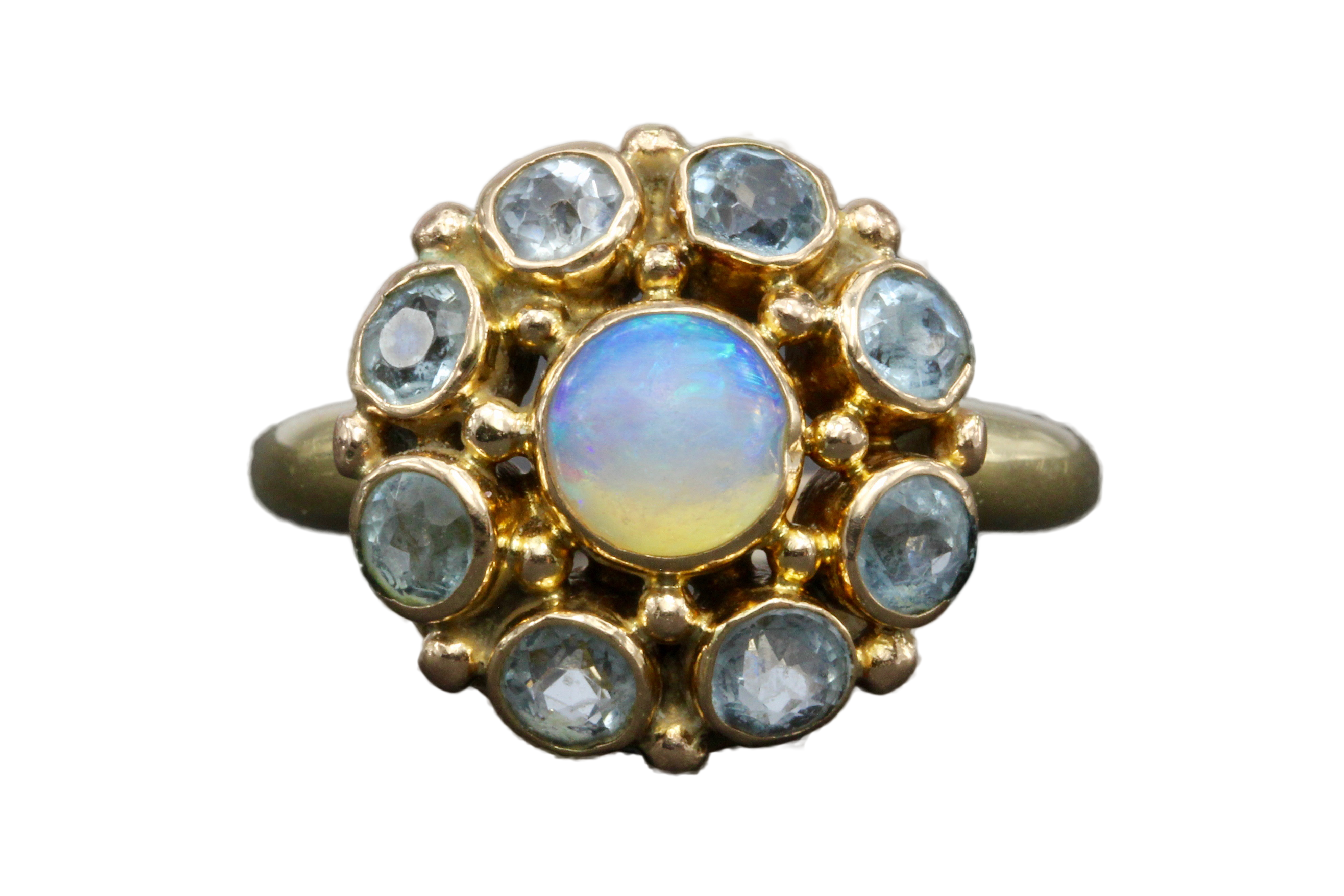 Retro 14K Yellow Gold Opal and Aquamarine Flower Ring Size 6.25 - Queen May