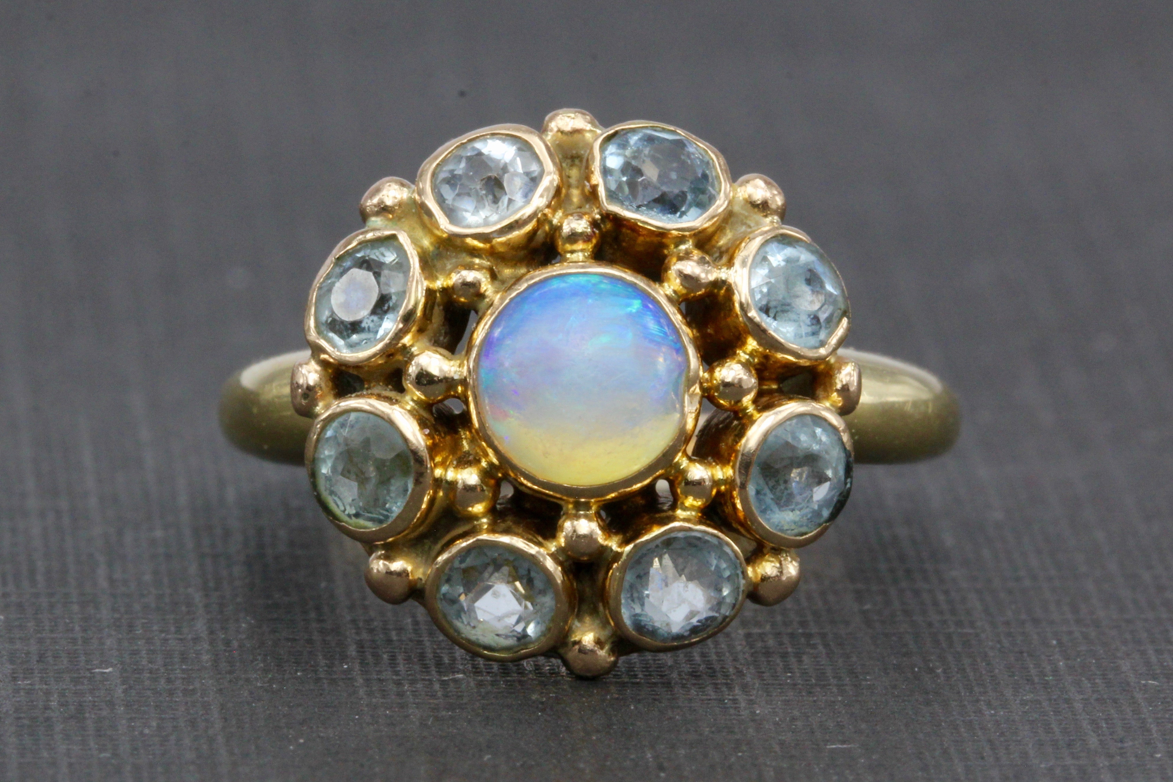 Retro 14K Yellow Gold Opal and Aquamarine Flower Ring Size 6.25 - Queen May