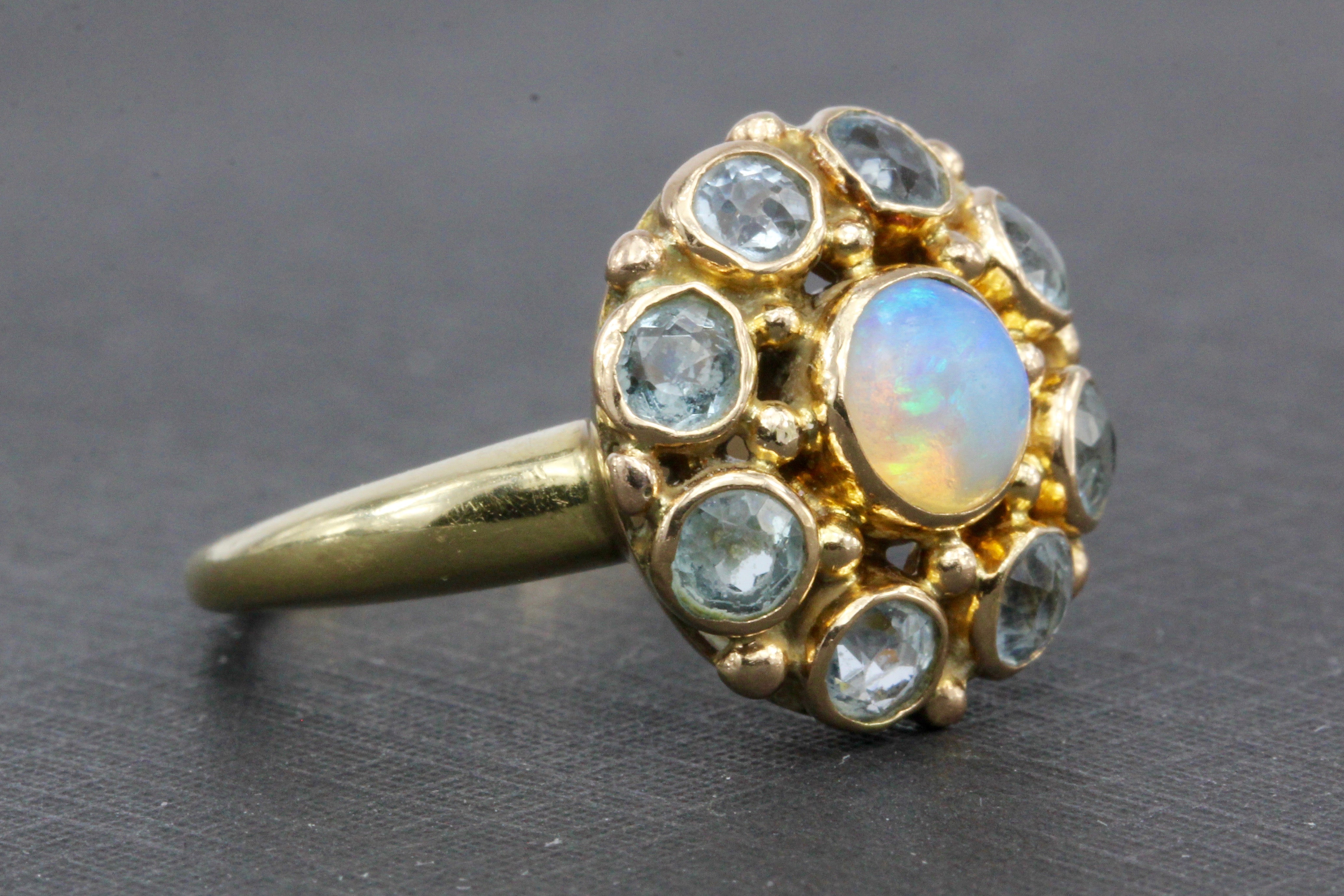 Retro 14K Yellow Gold Opal and Aquamarine Flower Ring Size 6.25 - Queen May
