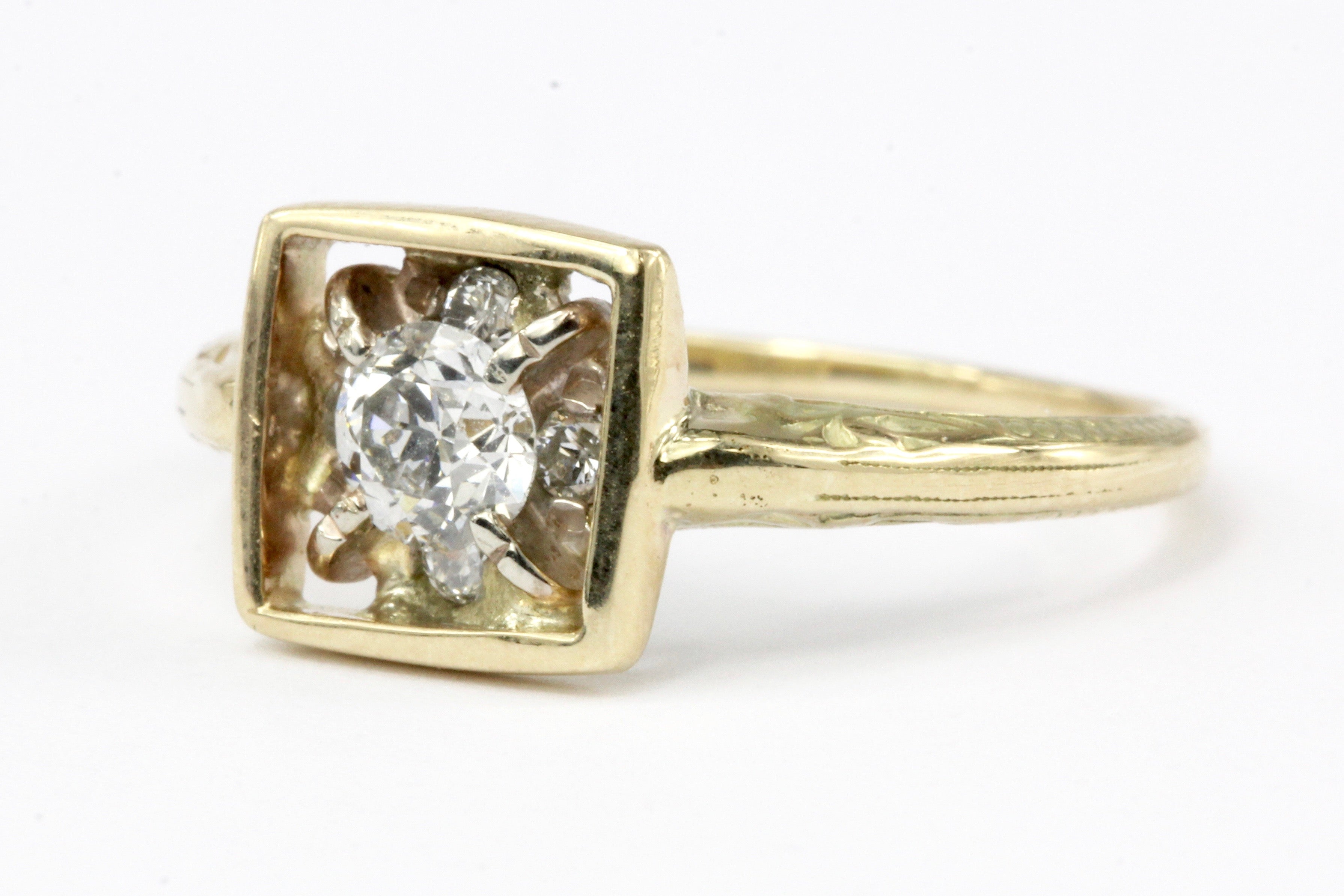 Art Deco 14K Yellow Gold Diamond Stickpin Conversion Ring Size 5.5 - Queen May