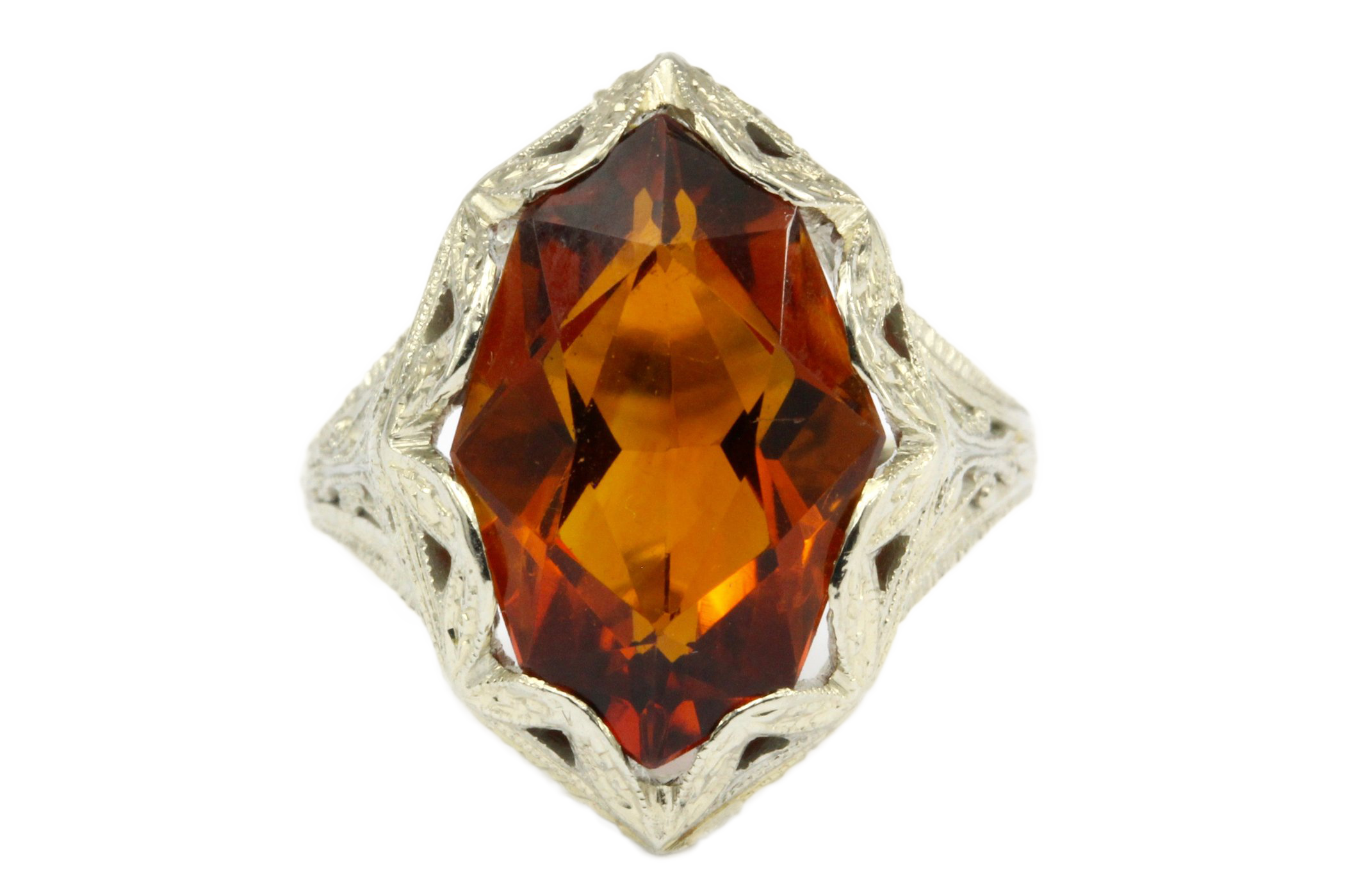 Art Deco 18K White Gold Filigree Orange Citrine Ring Size 4.5 - Queen May