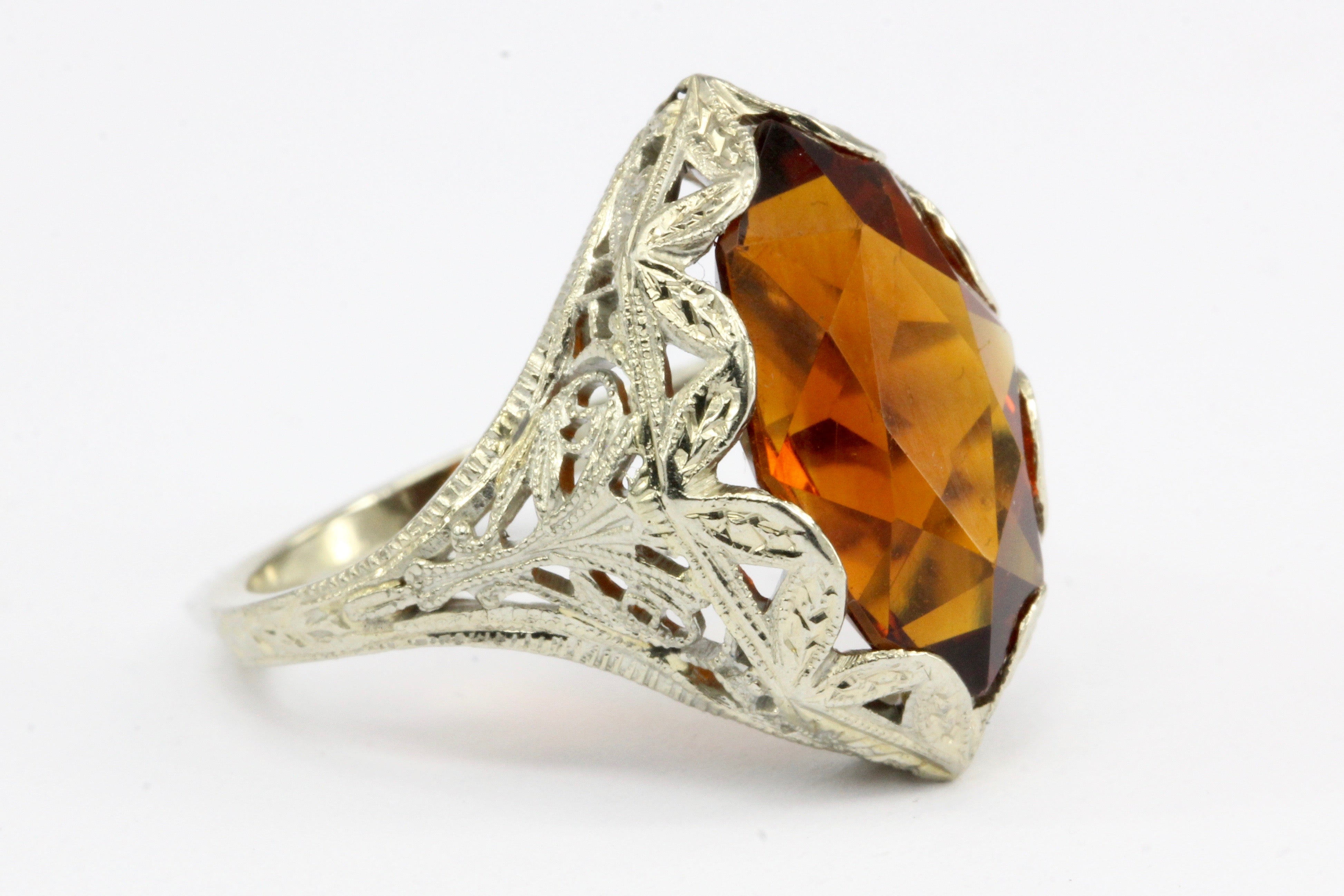 Art Deco 18K White Gold Filigree Orange Citrine Ring Size 4.5 - Queen May