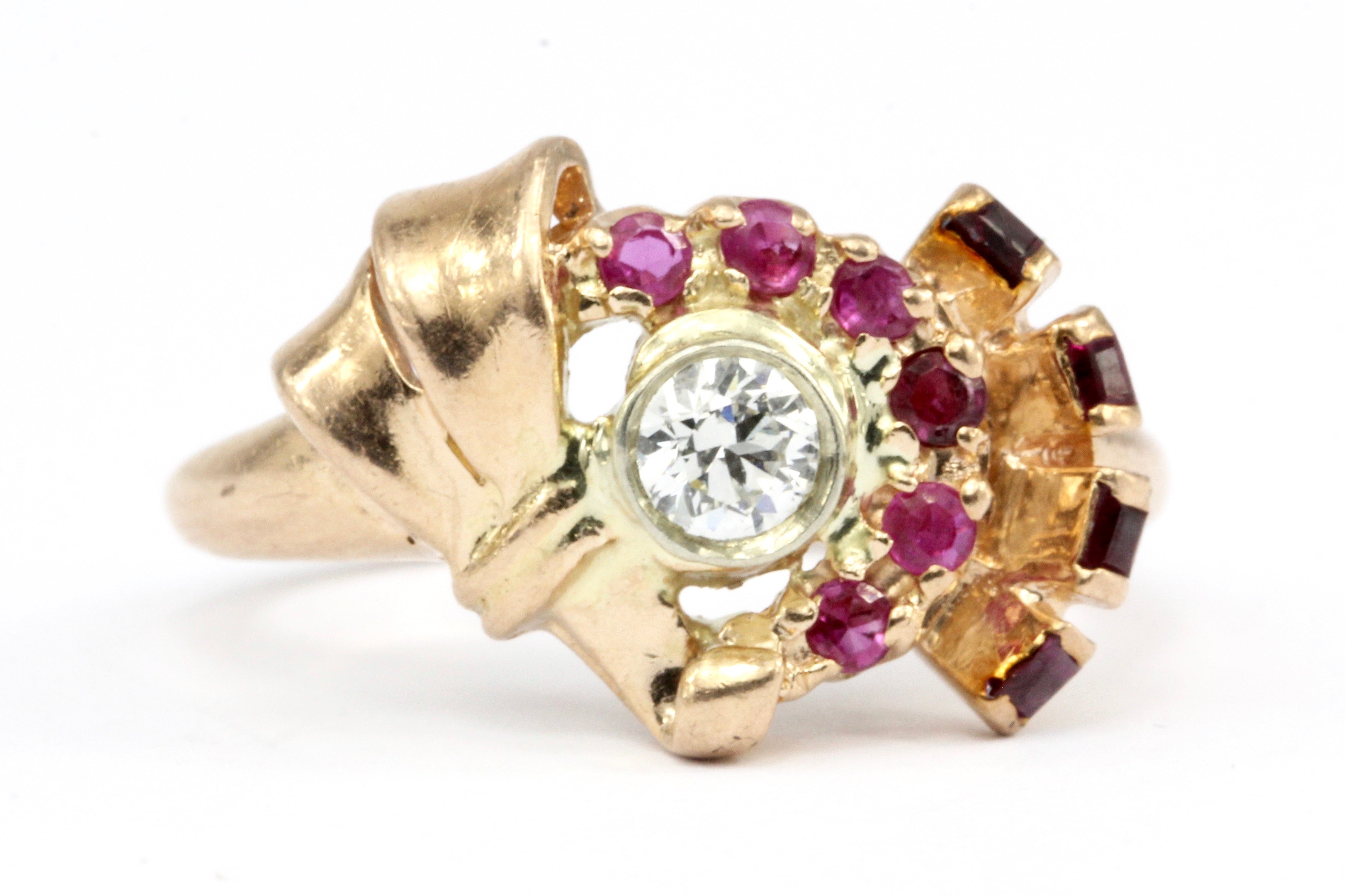 Retro 1940s 14K Rose Gold Diamond and Ruby Stylized Bow Ring Size 7 - Queen May