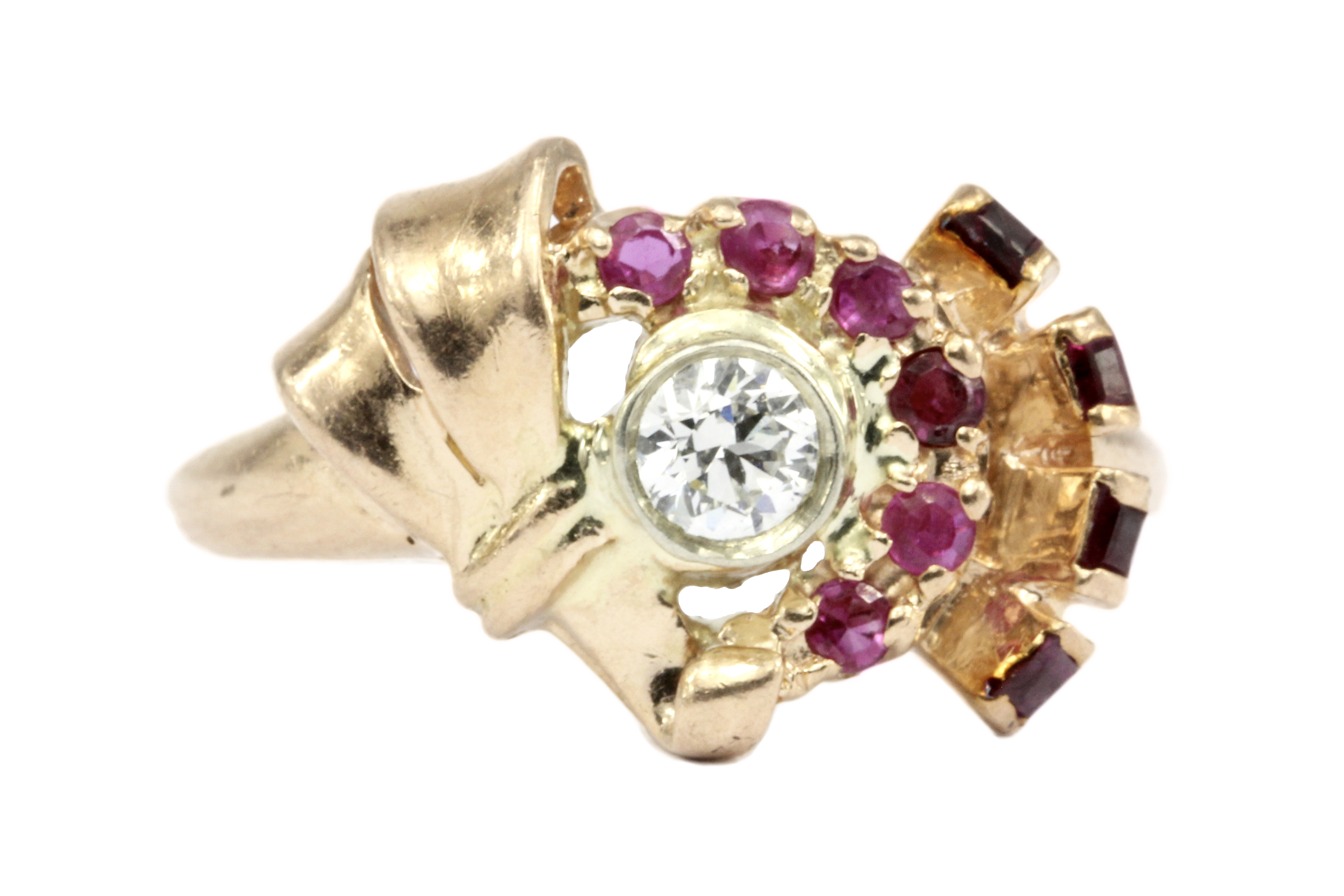 Retro 1940s 14K Rose Gold Diamond and Ruby Stylized Bow Ring Size 7 - Queen May