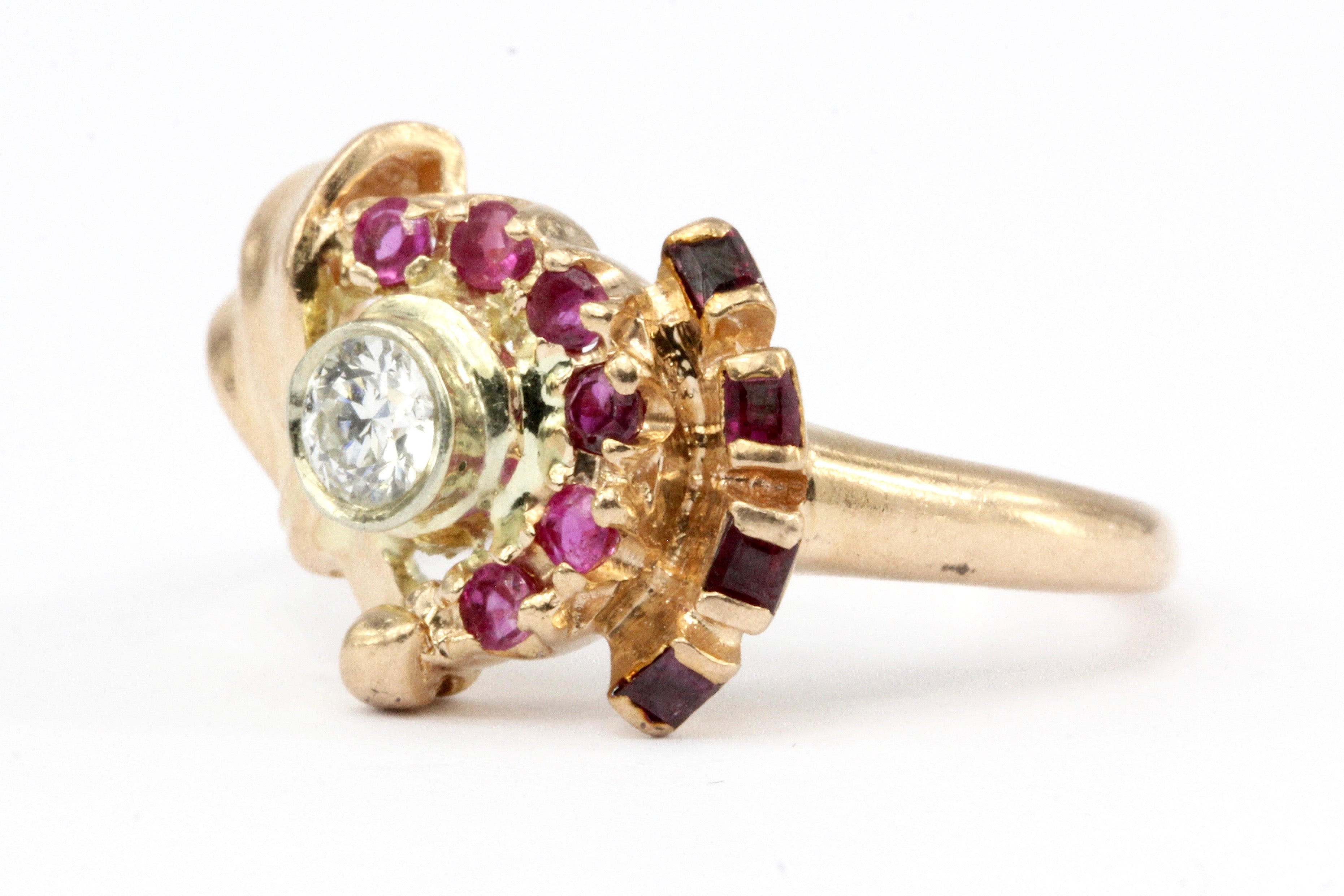 Retro 1940s 14K Rose Gold Diamond and Ruby Stylized Bow Ring Size 7 - Queen May